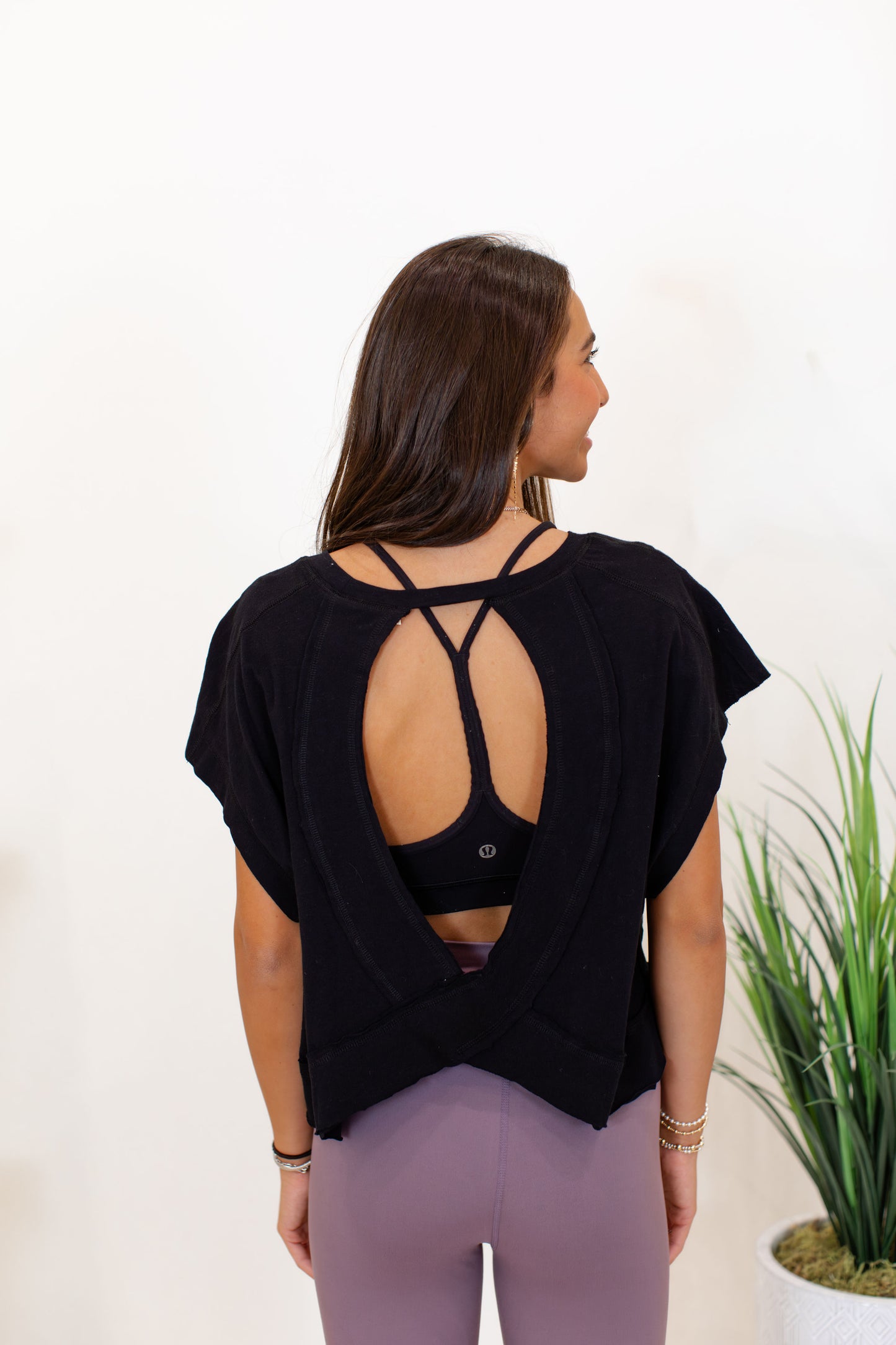Black Cotton Slub Open Back Top