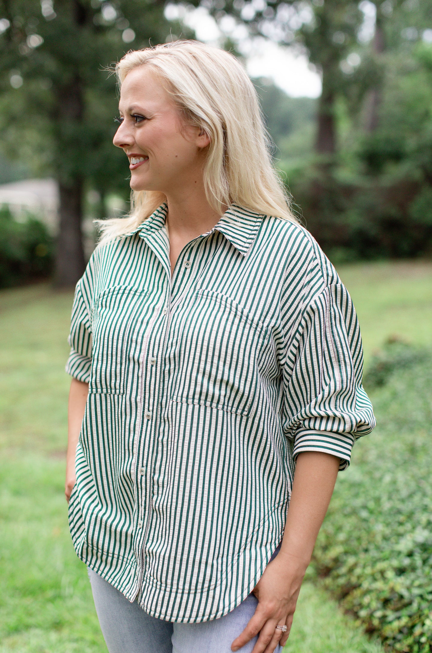 Green and Cream Striped Button Down Top With Deep Front Pockets