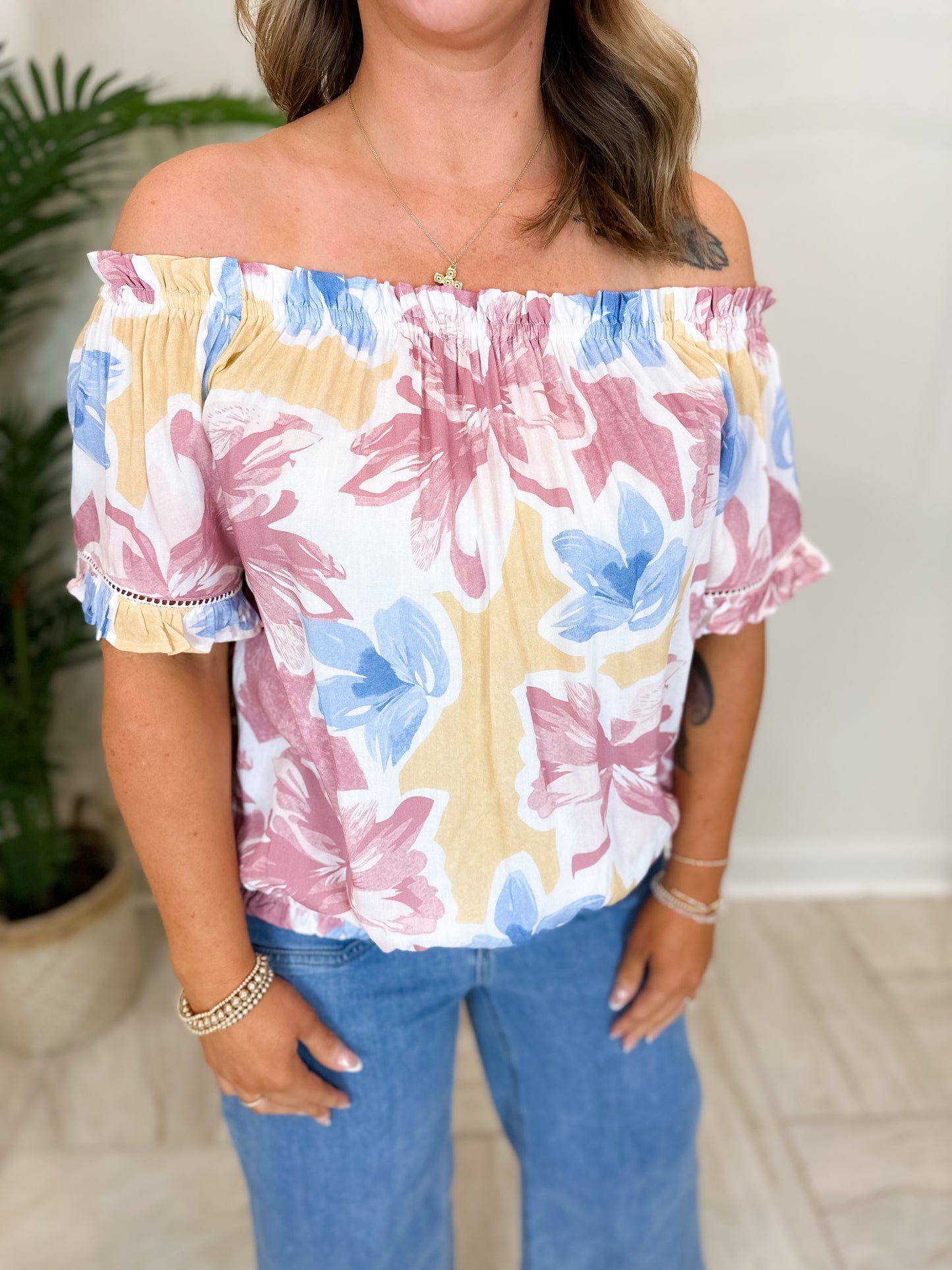 Printed Floral Short Sleeve Off Shoulder Blouse
