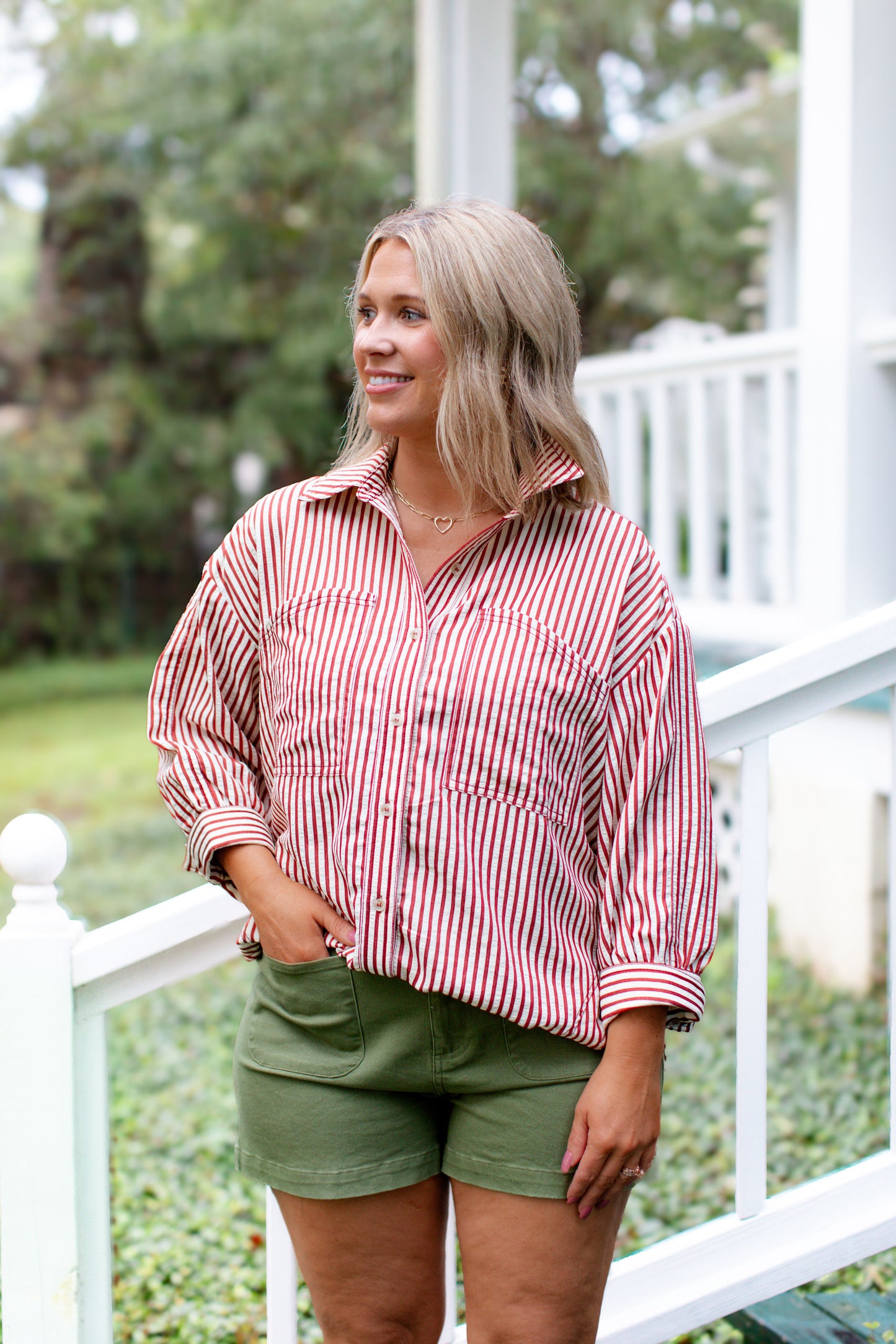 Rust And Cream Striped Collard Button Down Top With Deep Front Pockets