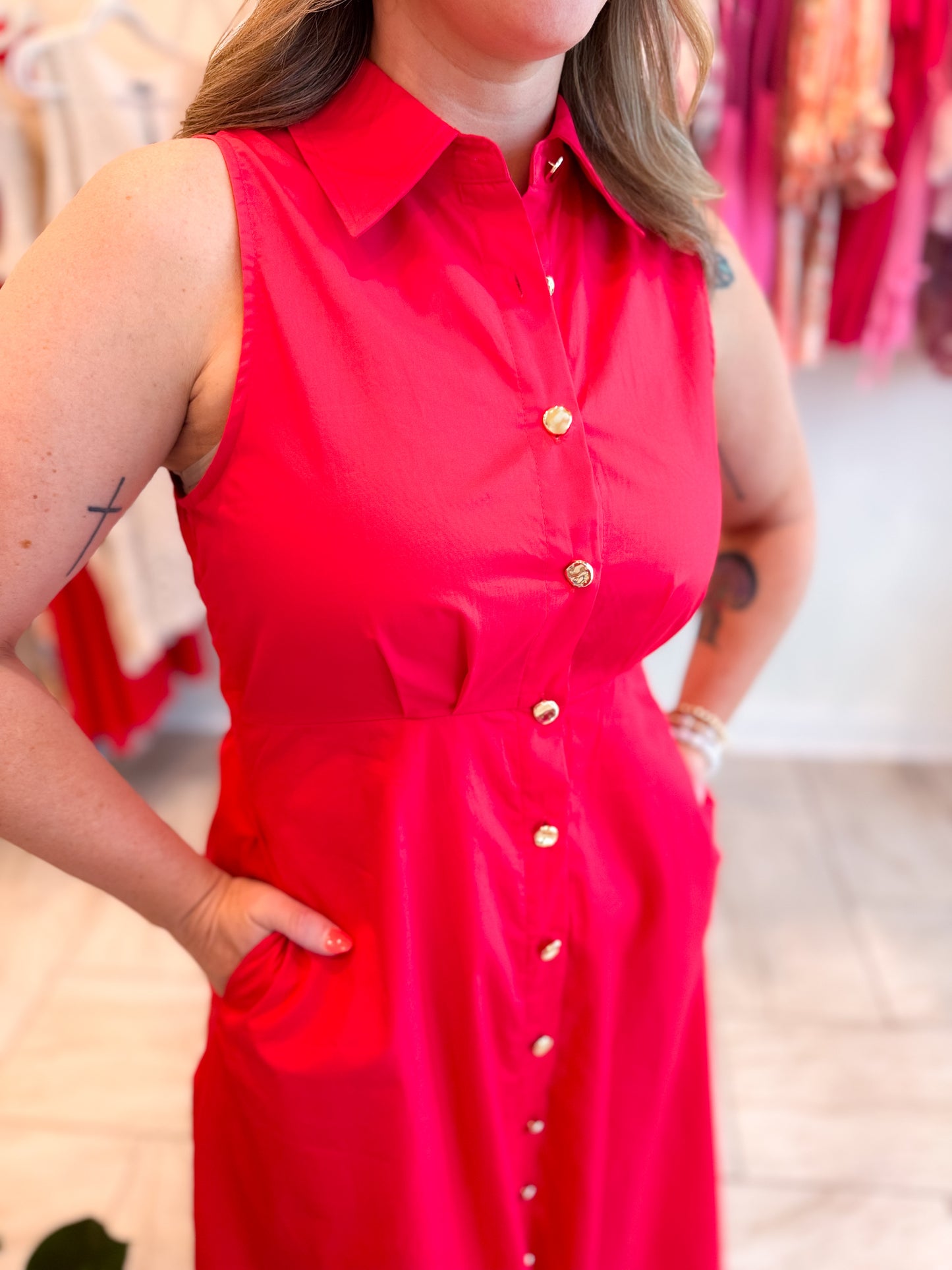 Sleeveless Midi Dress - Red