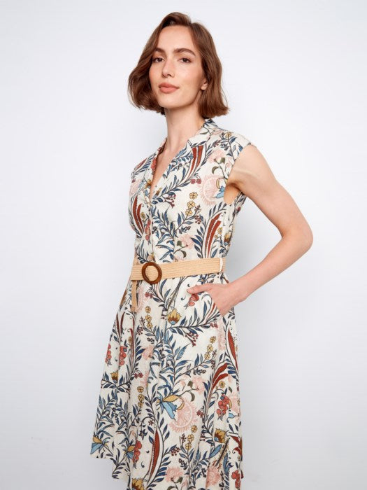 Printed Linen Cap Sleeve Dress