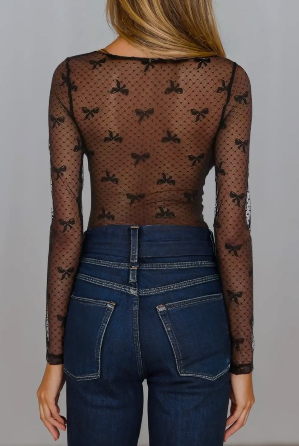 Bow Pattern Mesh Long Sleeve Top