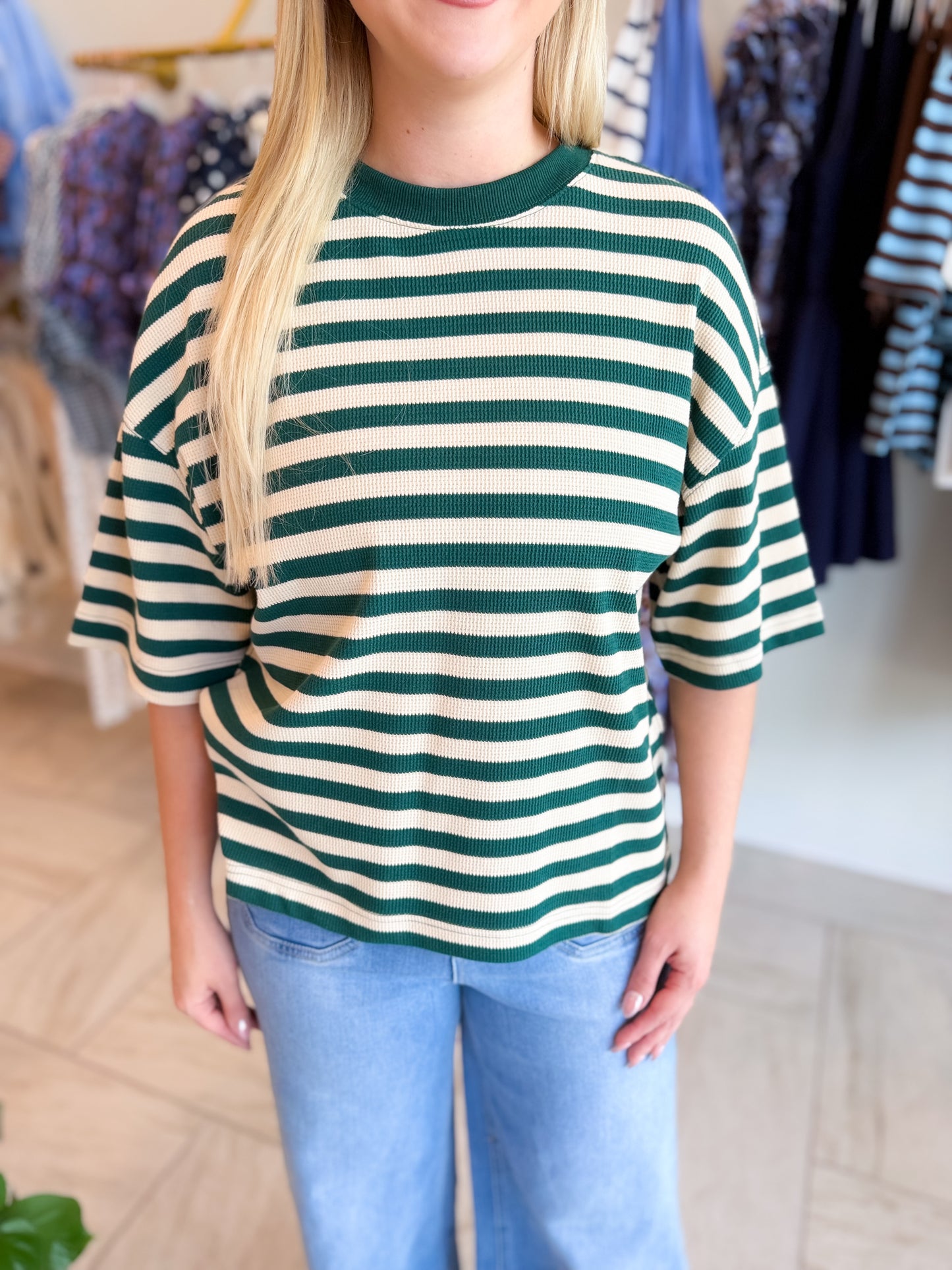 Green/Cream Striped Short Sleeve Top