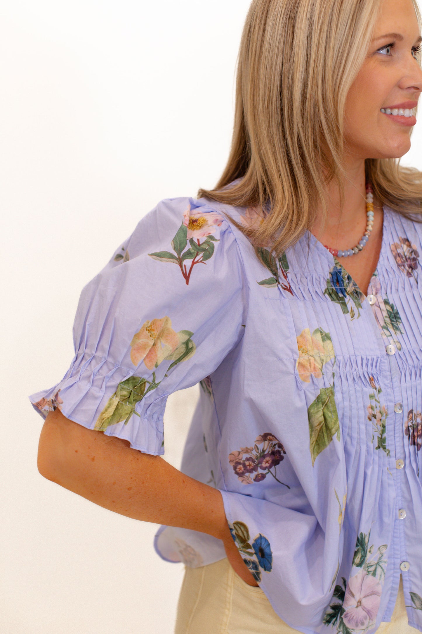 Blue Floral Button Up Top