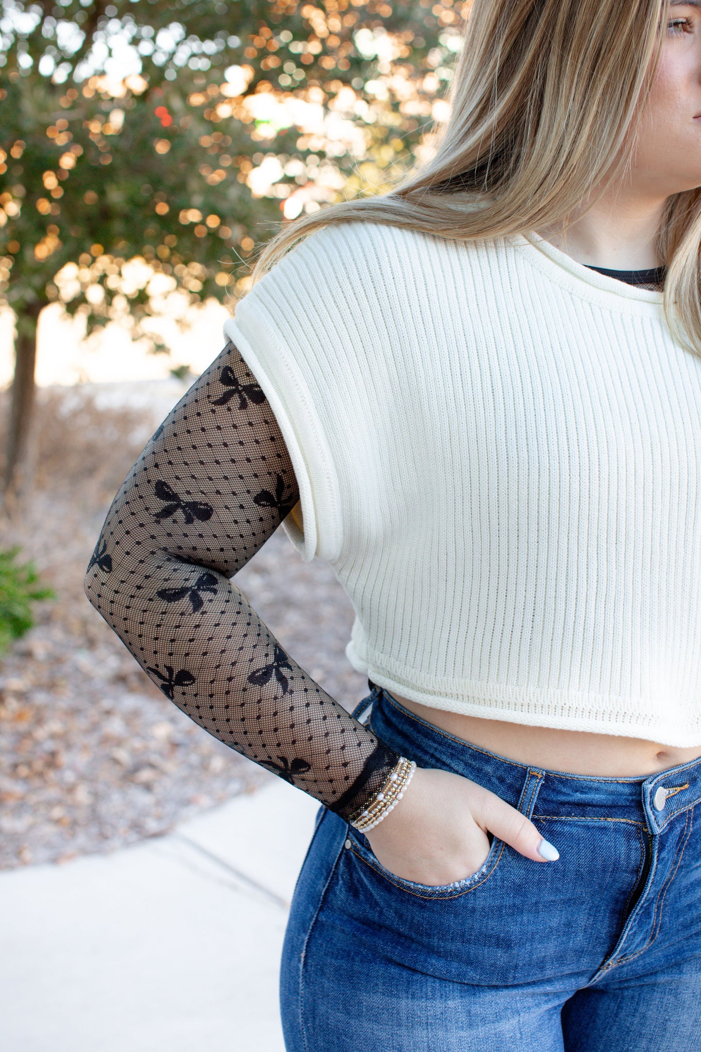 Bow Pattern Mesh Long Sleeve Top
