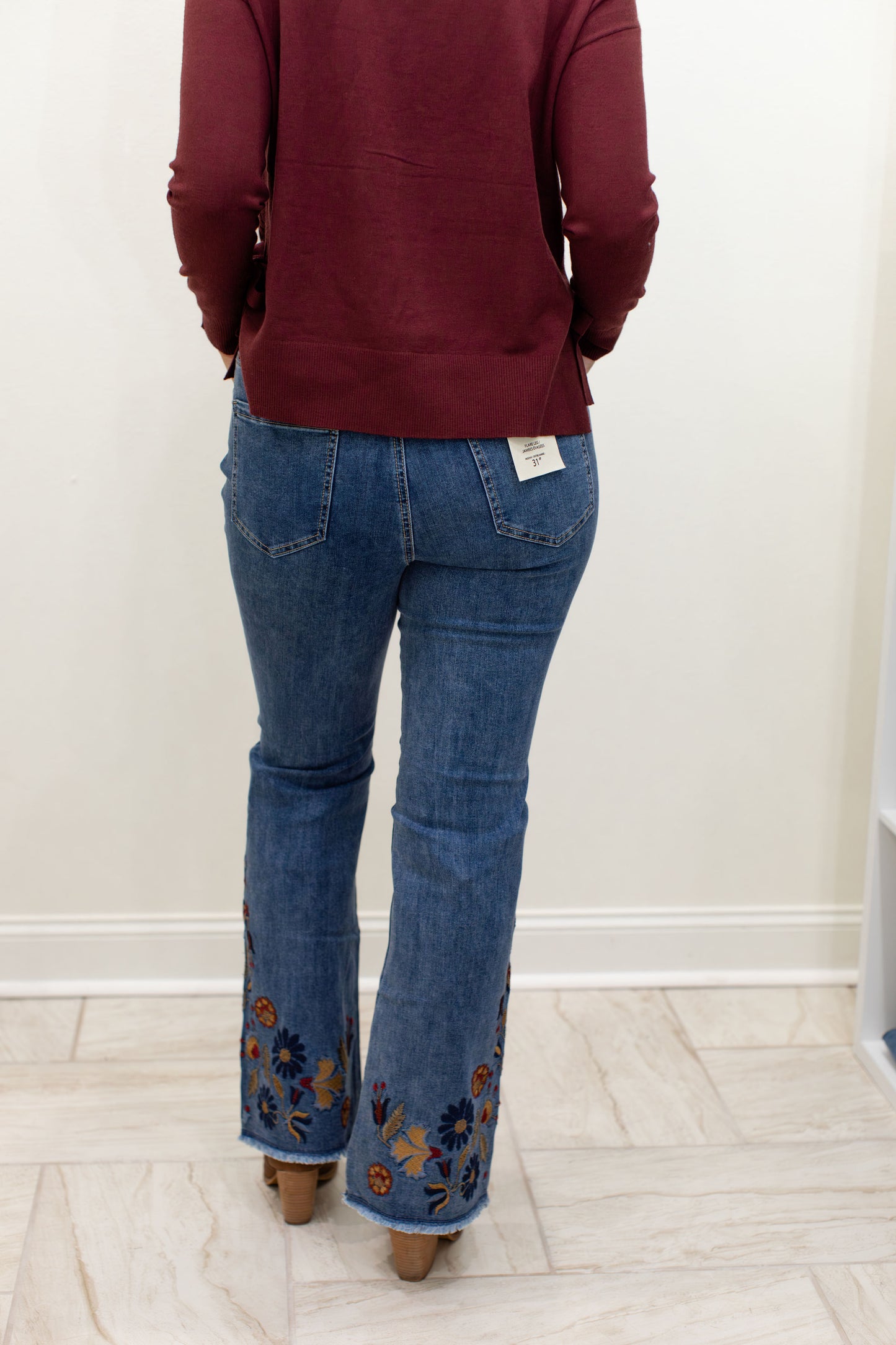 Flare Leg Stretch Denim Pant w/ Embroidery