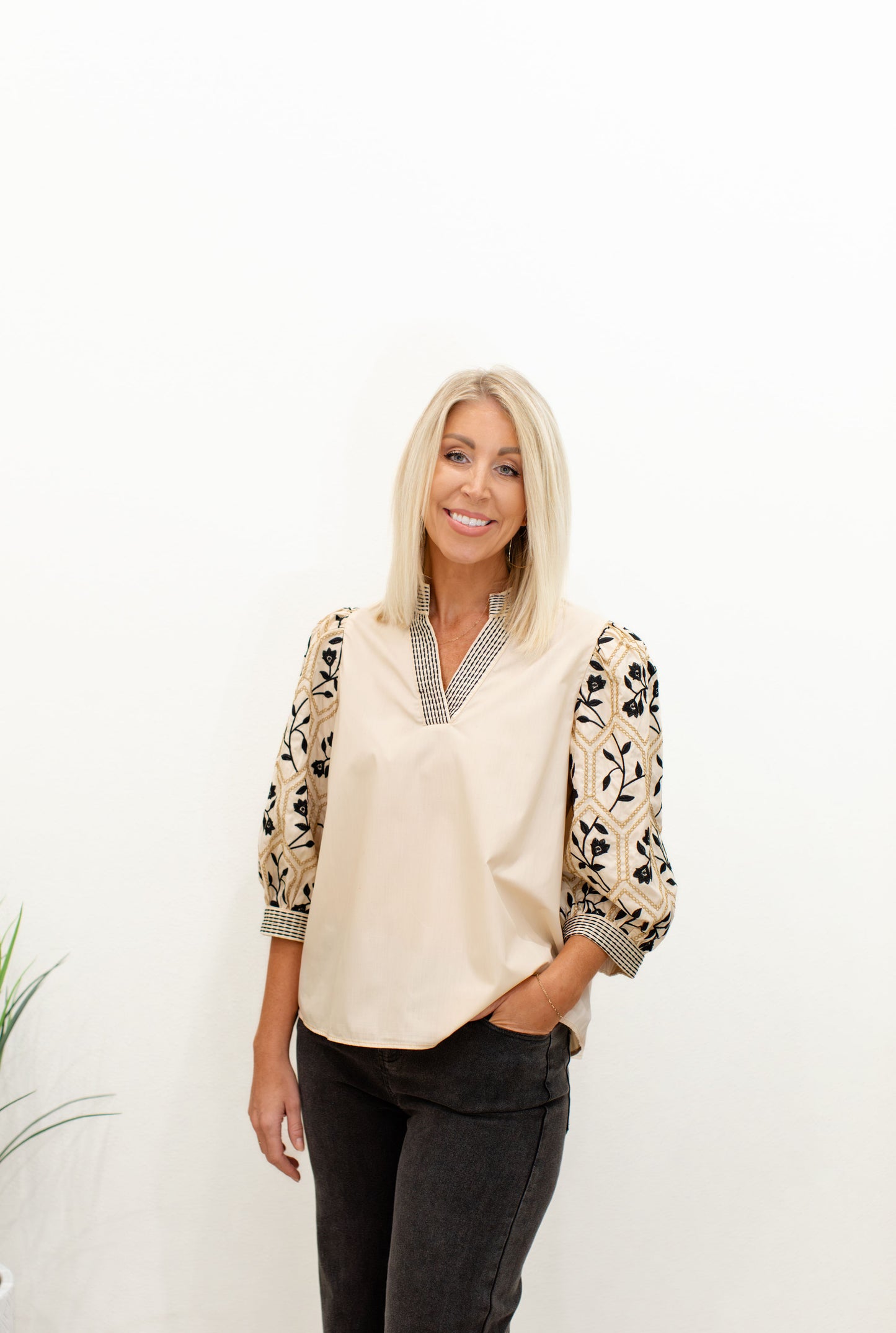 Cream V- Neck Embroidered Sleeve Top