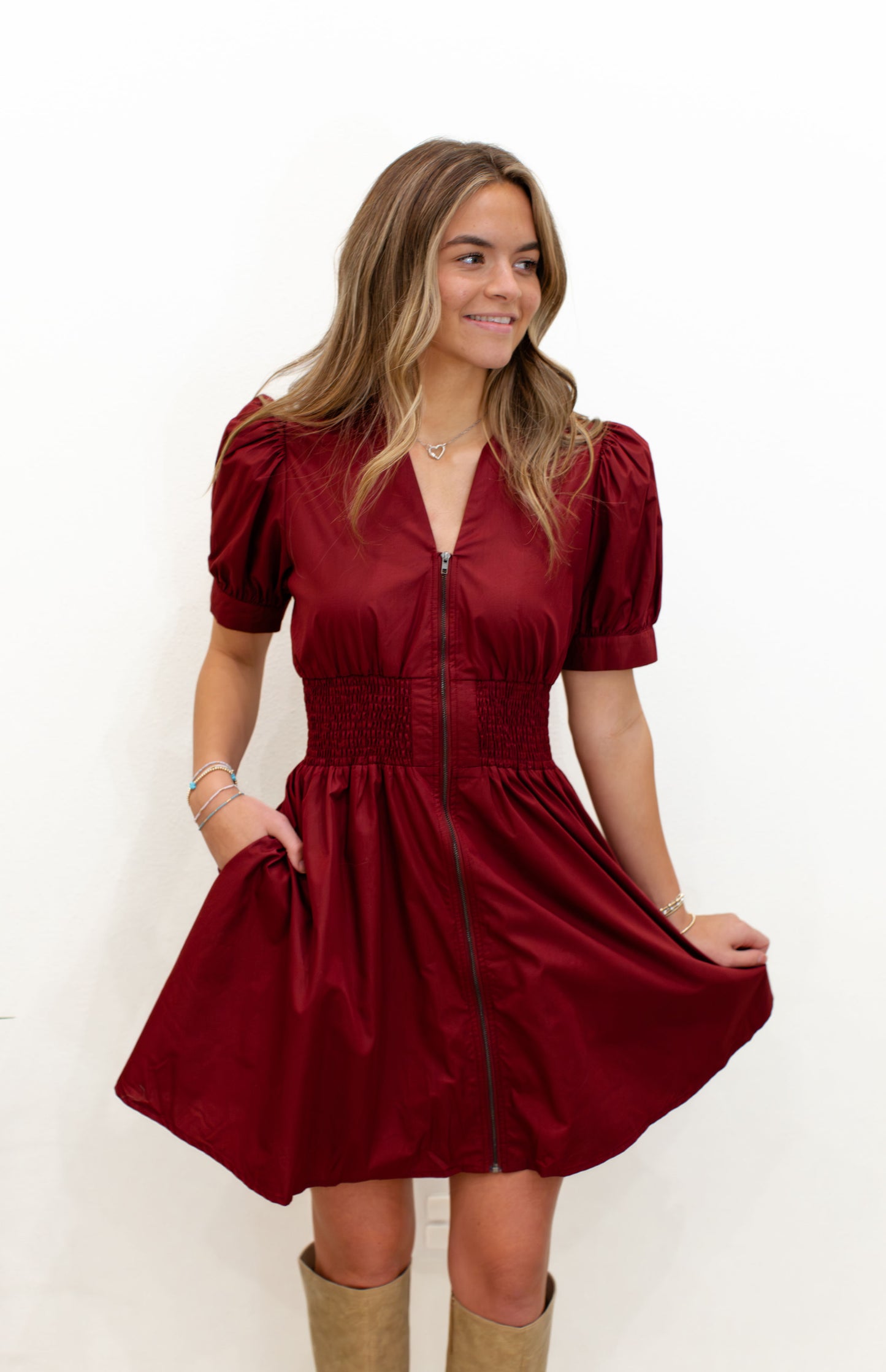 Zip Up Burgundy Mini Dress
