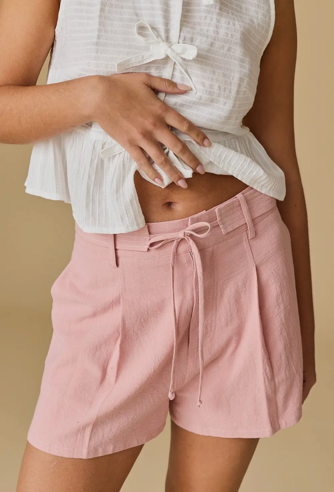 Pink Pleated Linen Shorts