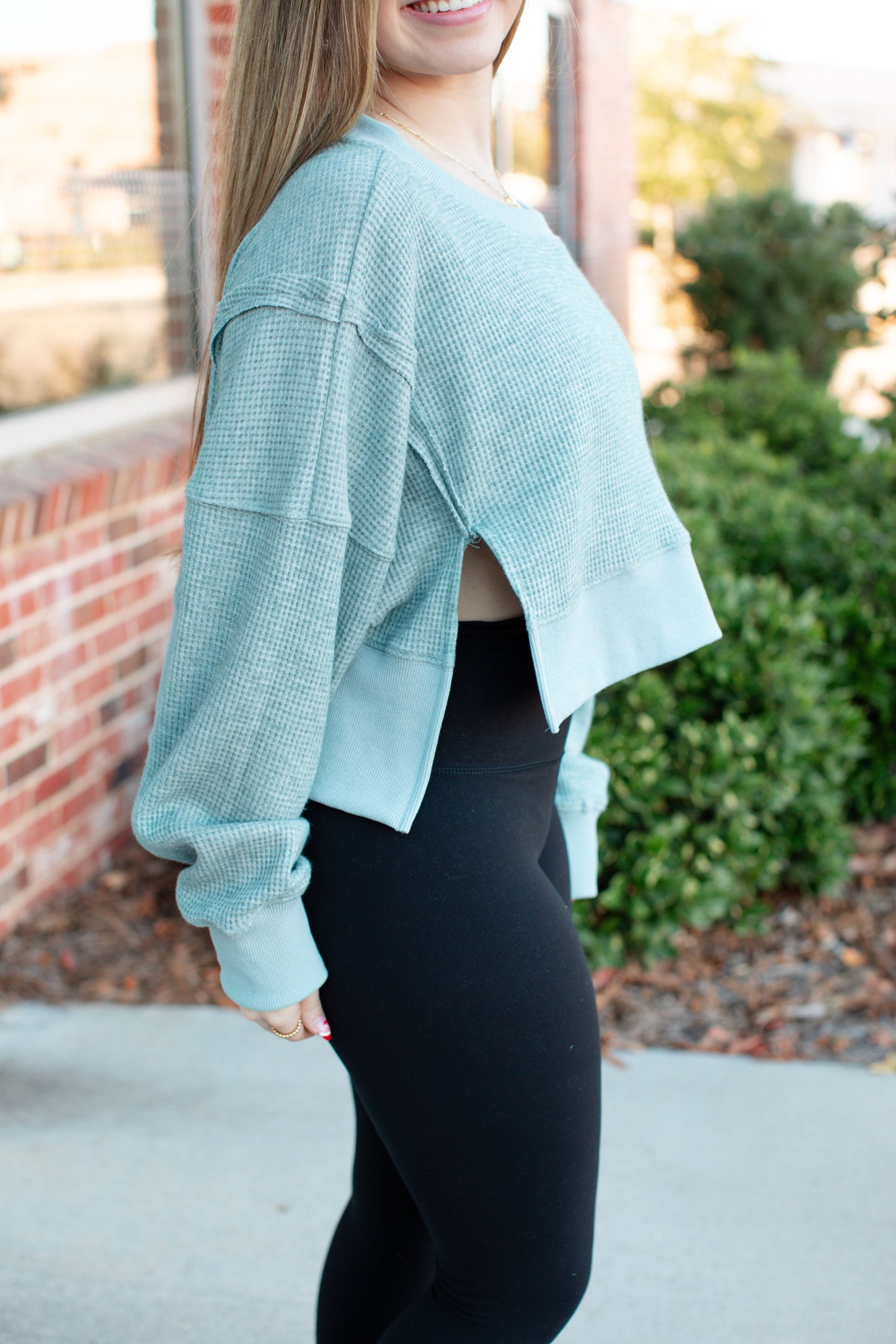 Waffle Knit Oversized Long Sleeve Top-Aqua
