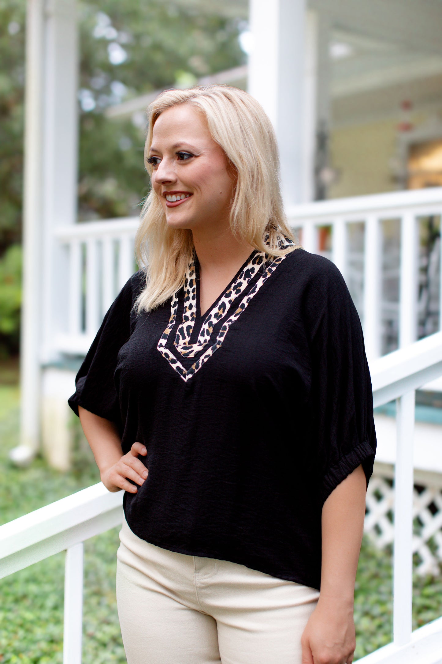 Black Cheetah Print V-Neck Blouse
