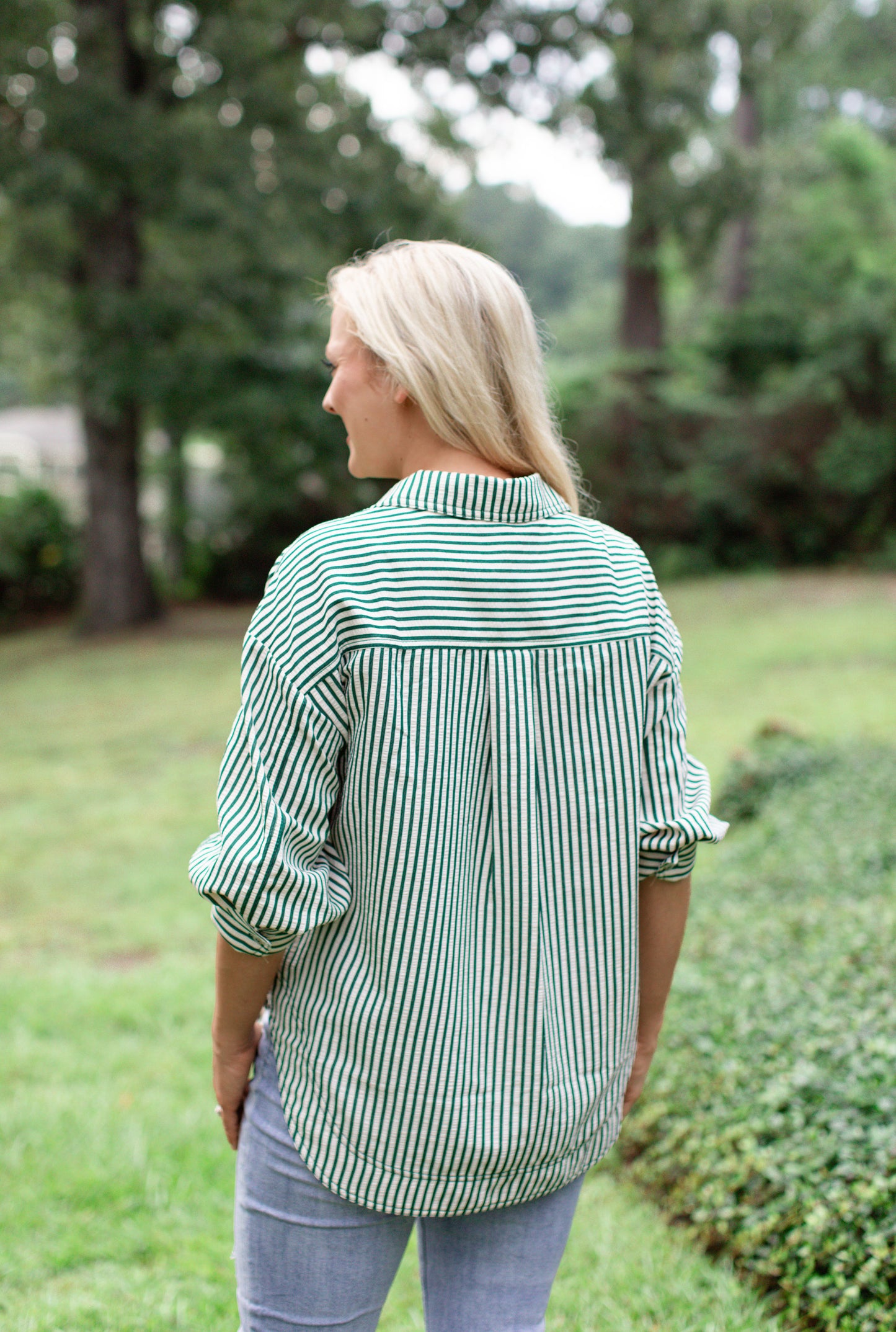 Green and Cream Striped Button Down Top With Deep Front Pockets