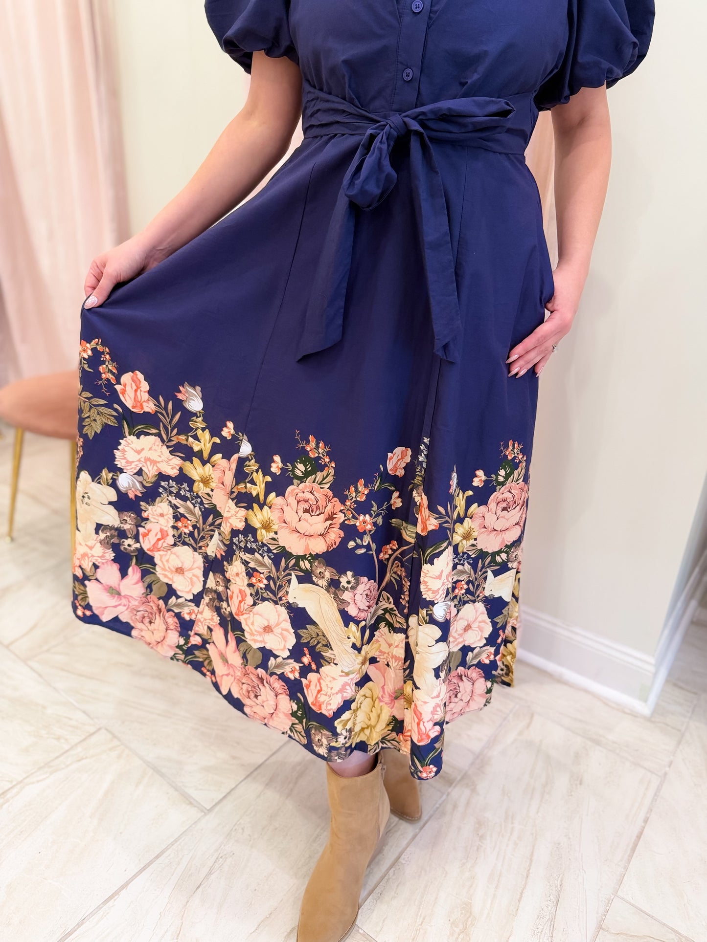 Navy Maxi Dress With Floral Details