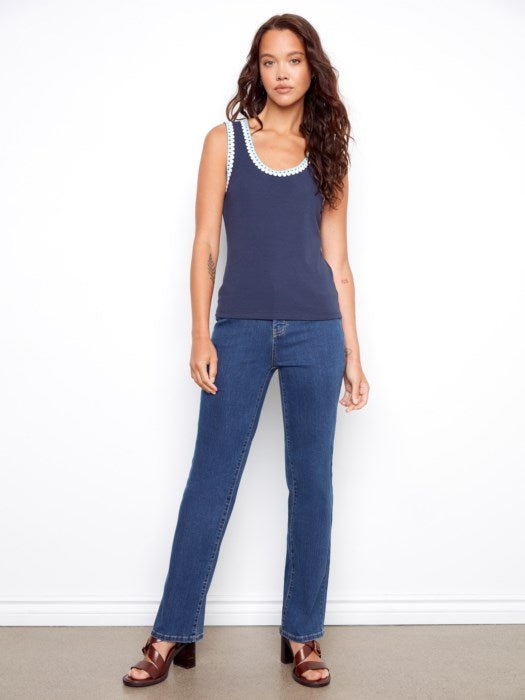Interlock Knit Tank Top With Crotchet Detail - Navy
