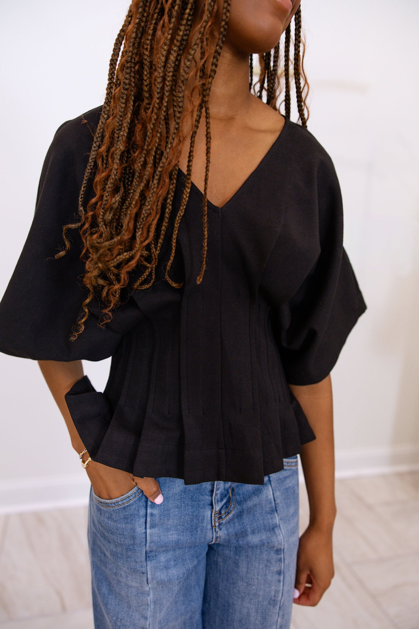 Short Dolman Sleeve Top Featuring V-Neck - Black
