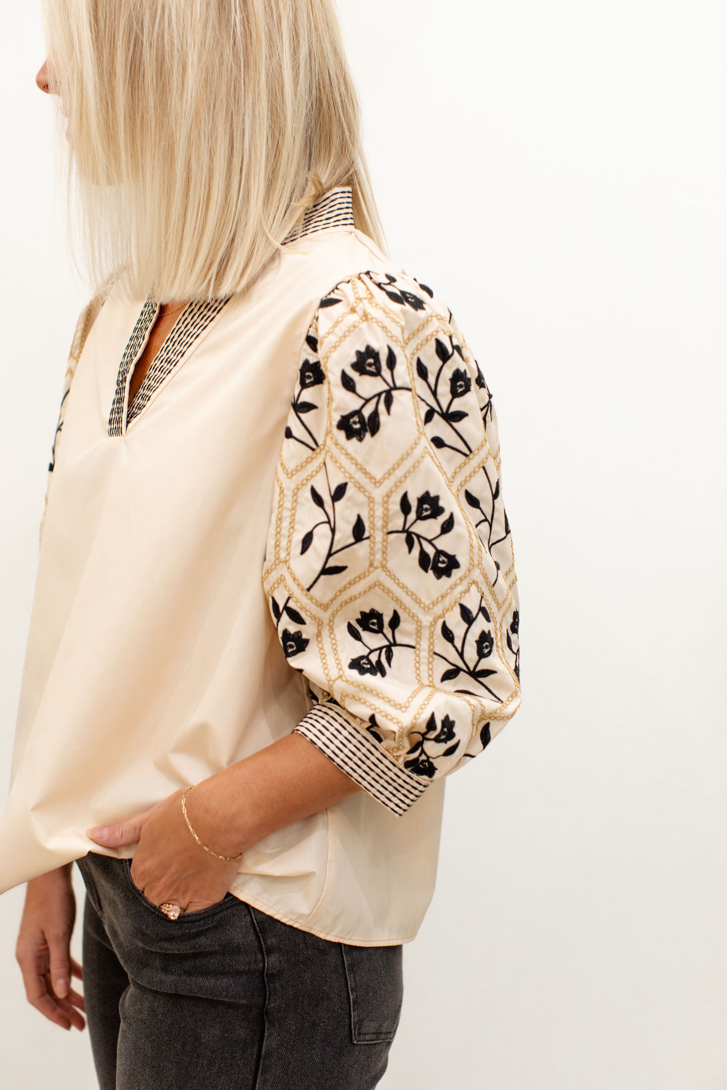 Cream V- Neck Embroidered Sleeve Top