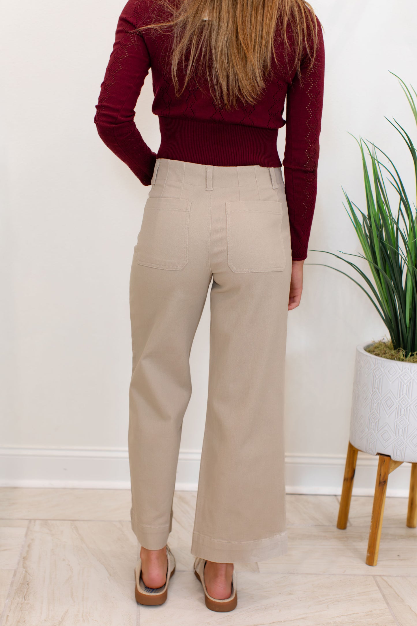 Taupe Cotton Twill Wide Leg Pant