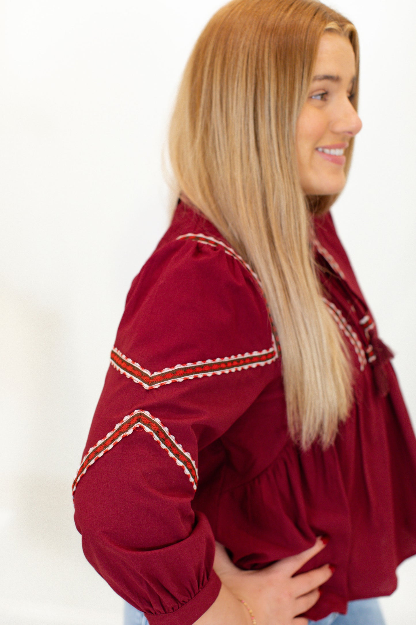 Burgundy Embroidered Trim Babydoll Blouse