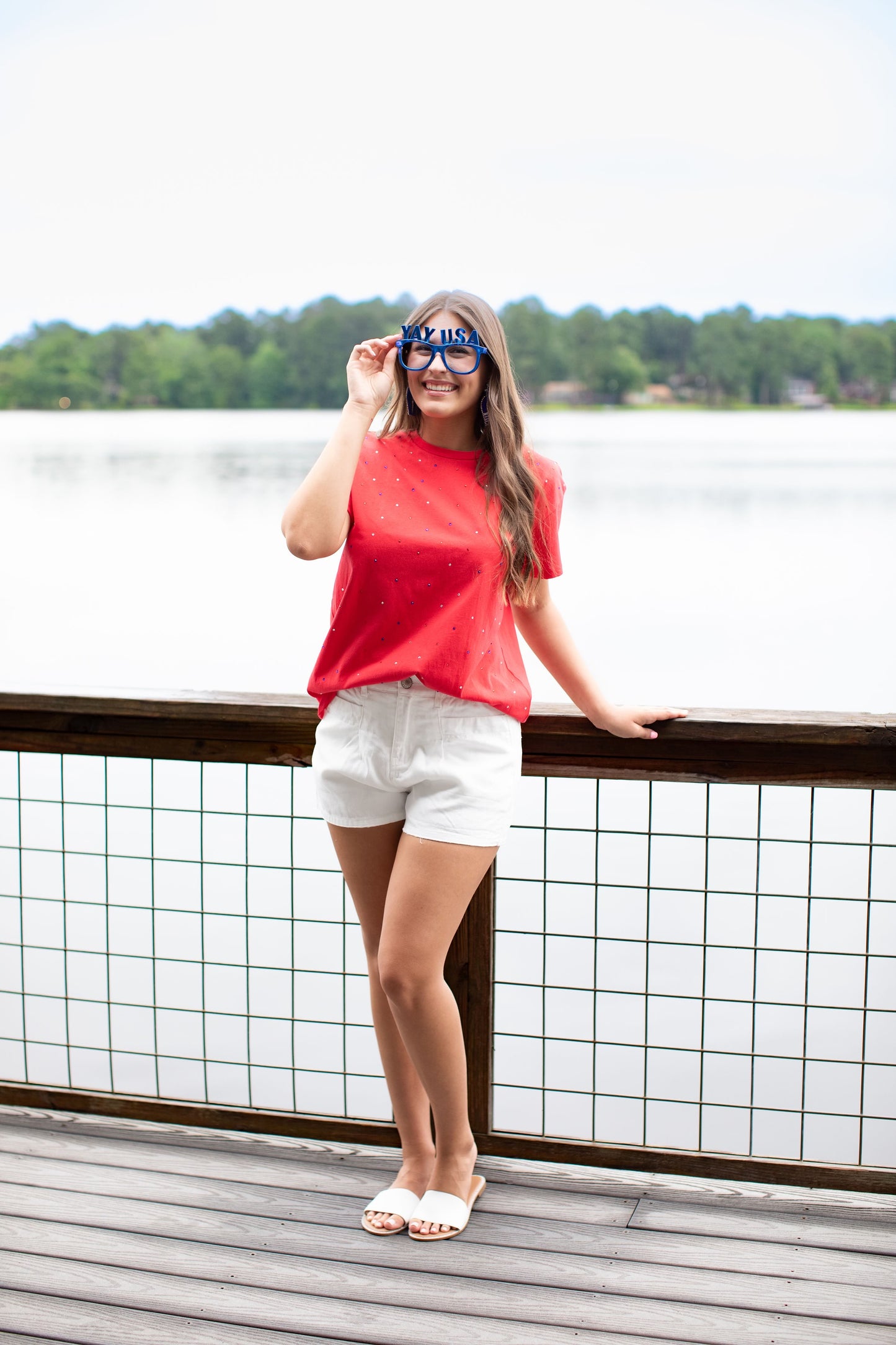 Red Short Sleeve Top With Red White Blue Rhinestones
