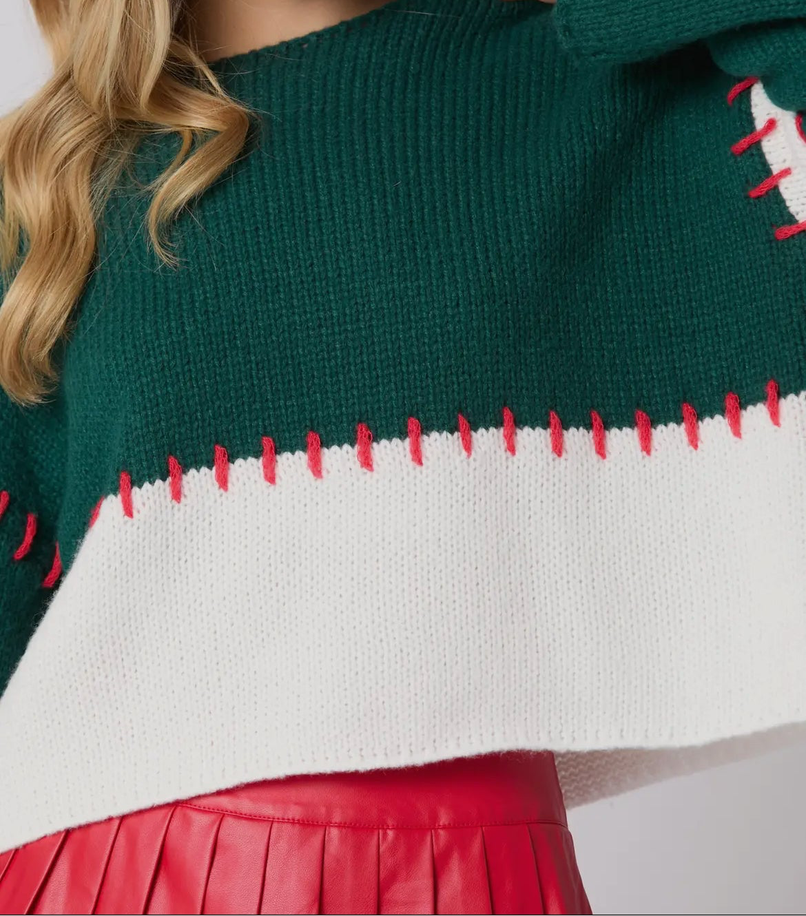 Hand Stitched Detail Color Block Cropped Sweater-H. Green