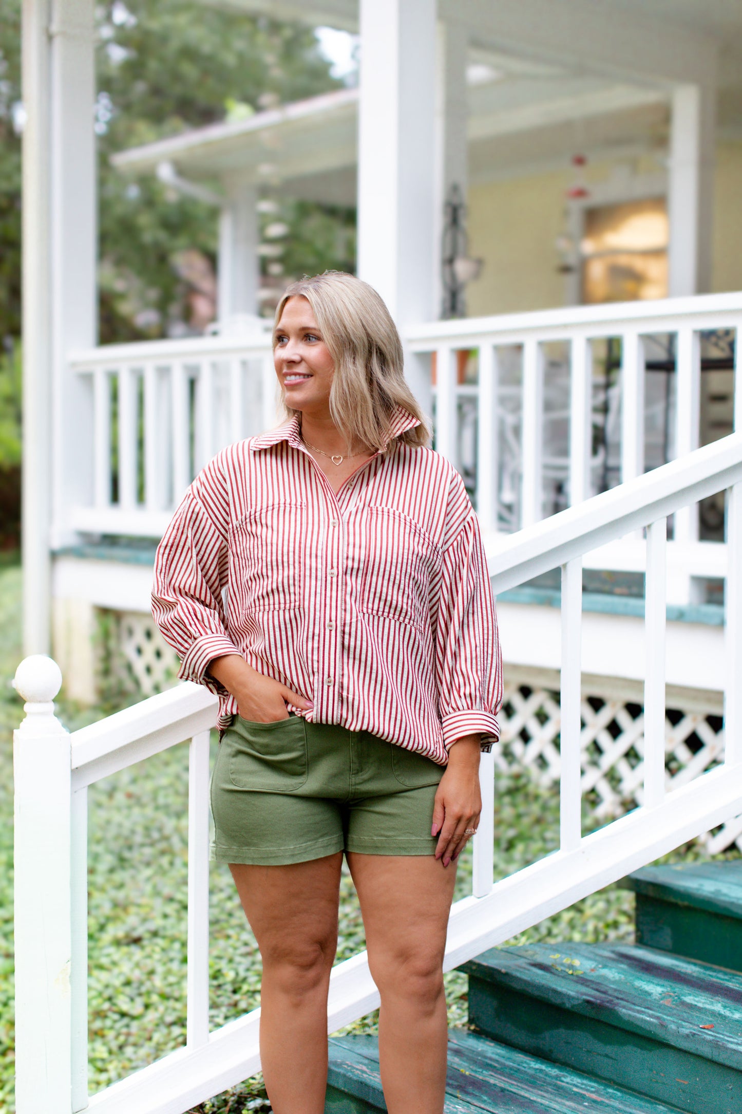 Rust And Cream Striped Collard Button Down Top With Deep Front Pockets