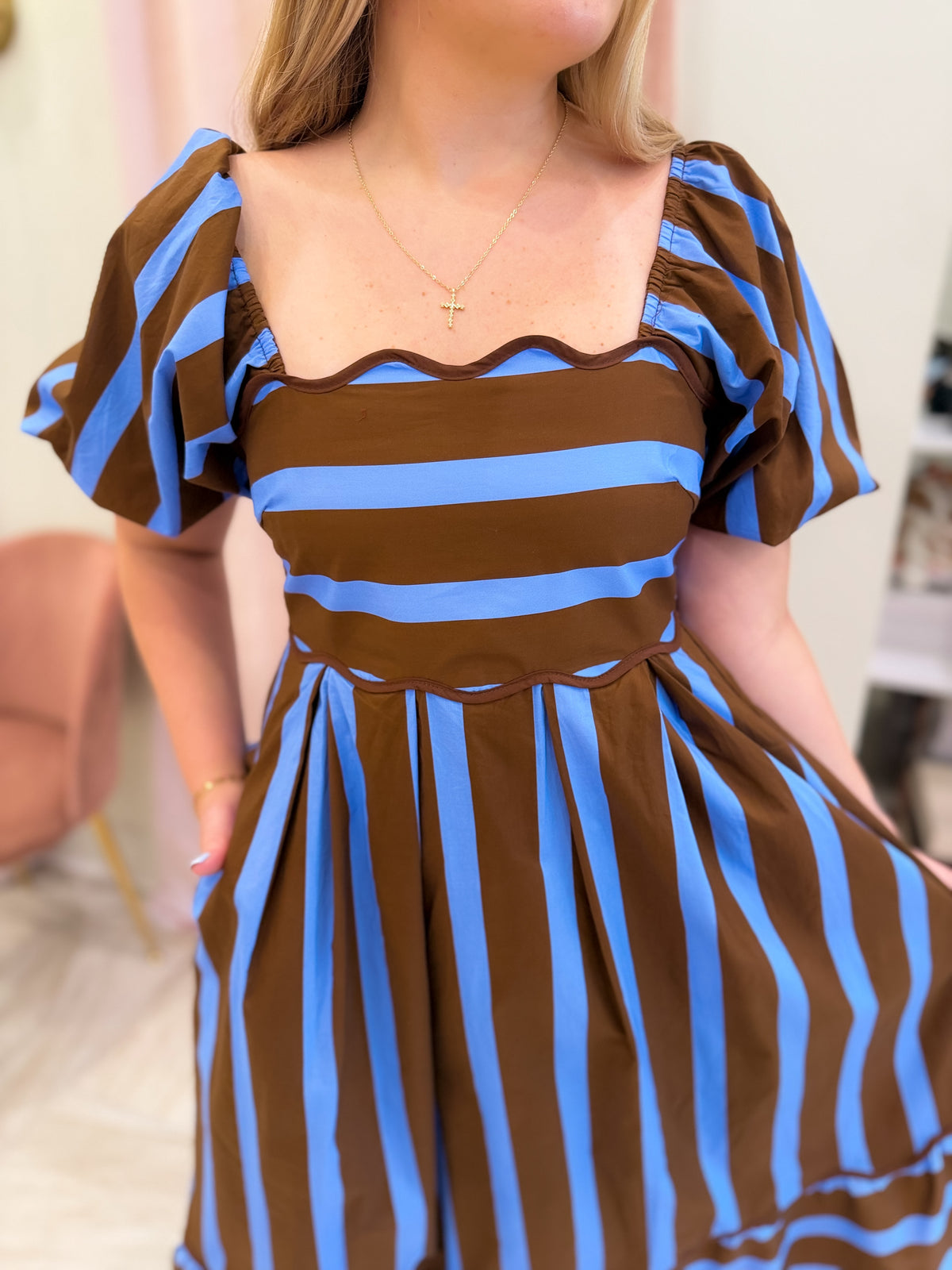 Blue And Brown Striped Maxi Dress