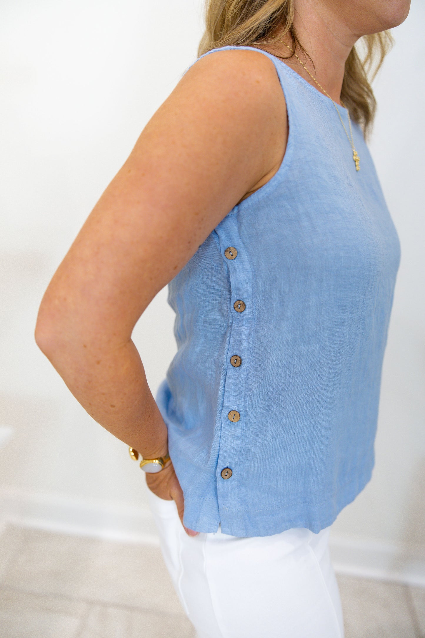 Blue Linen Blouse With Side Buttons