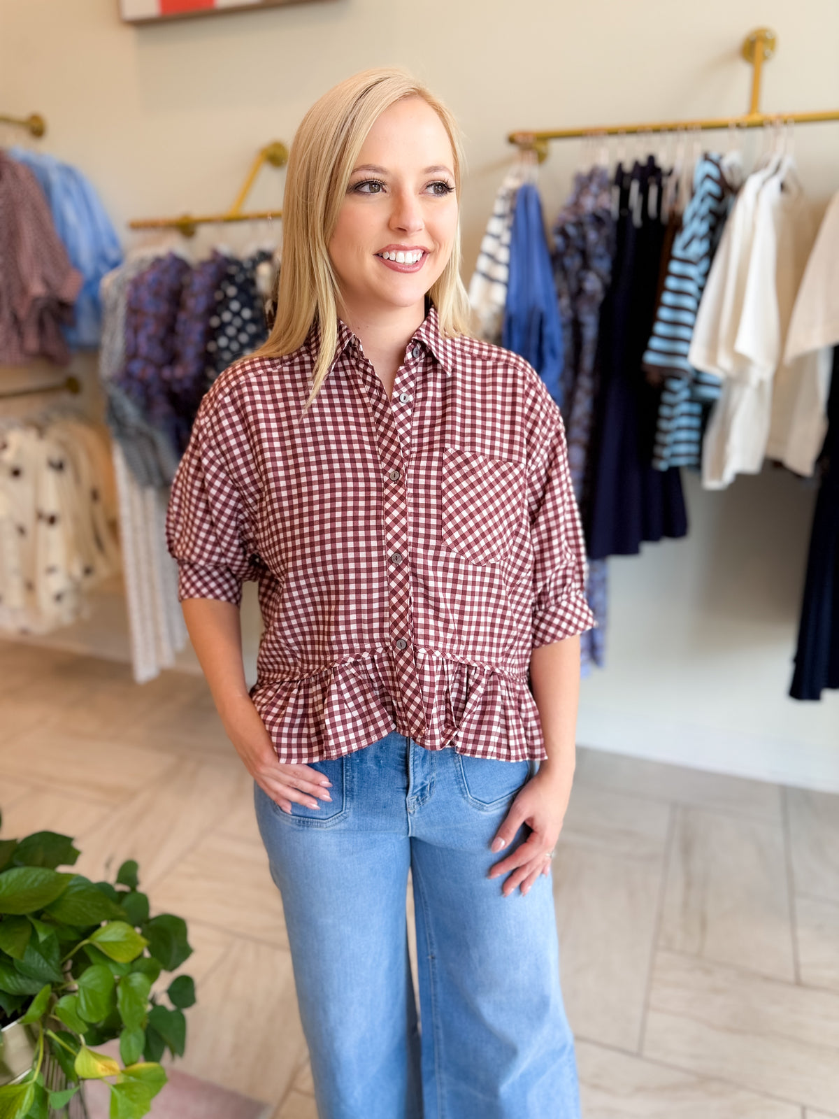 Gingham Collared Elbow Sleeve Top With Peplum Hem