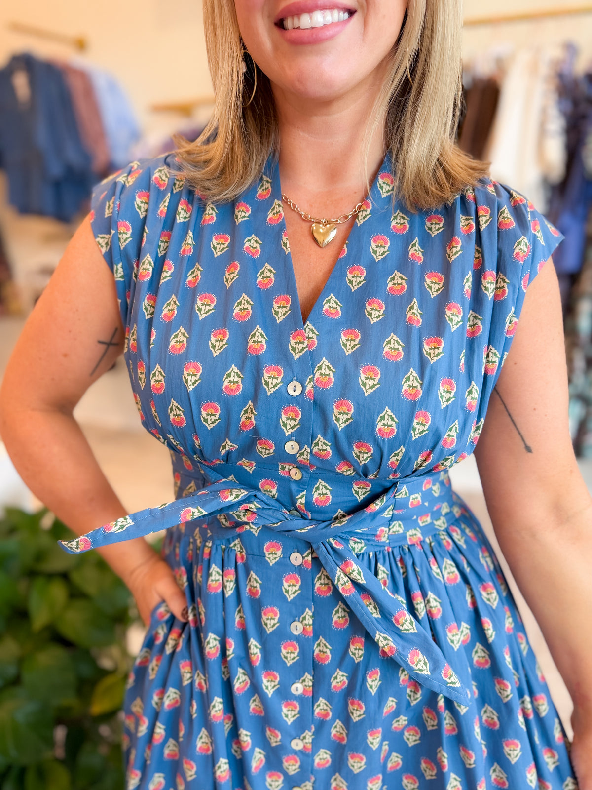 Floral Print Sleeveless Midi Dress - Blue