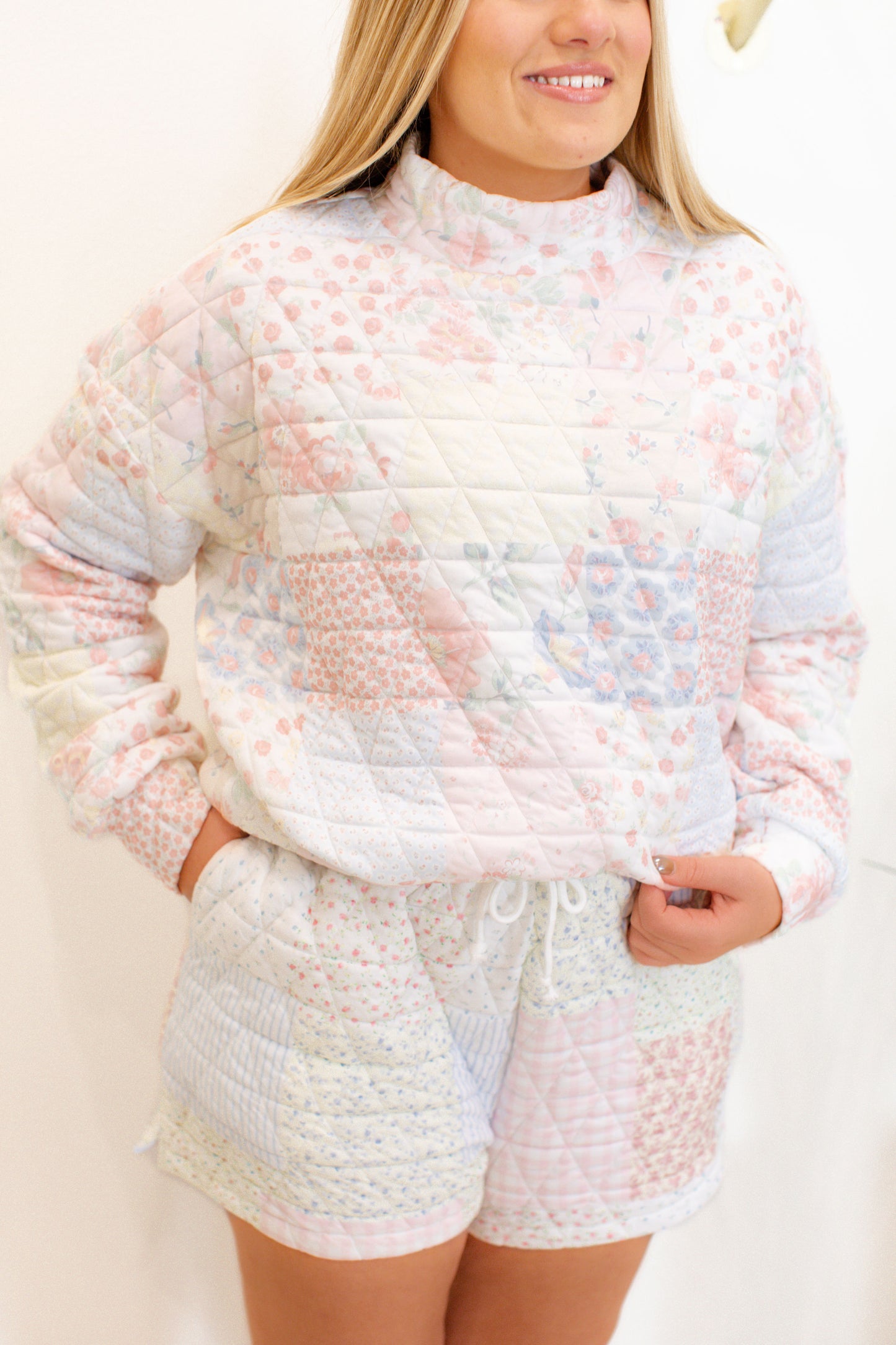 Floral Texture Mock Neck and Shorts Set