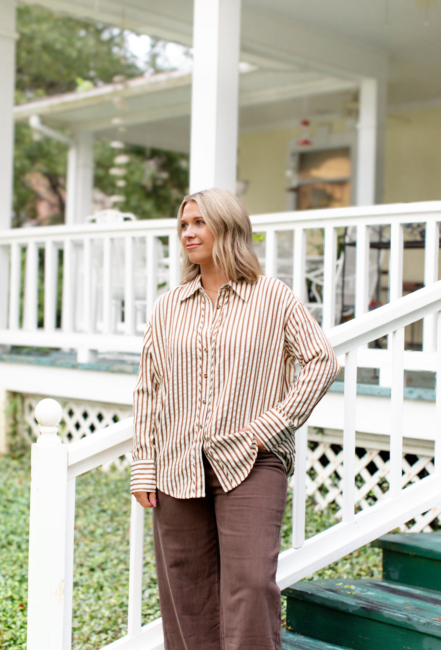 Brown And Cream Stripe Button Down Collard Shirt