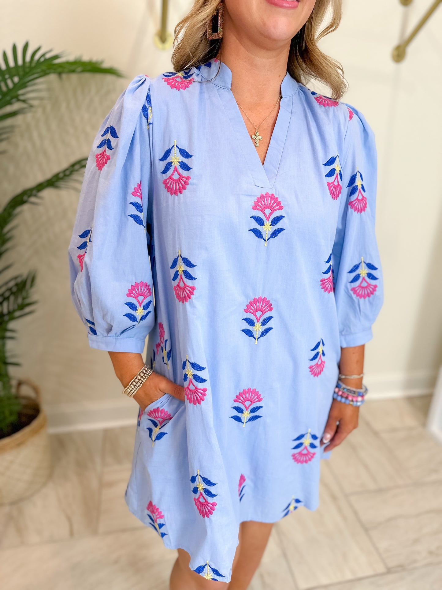 Embroidered 3/4 Puff Sleeve Mini Dress Featuring Split V-neck Band Collar