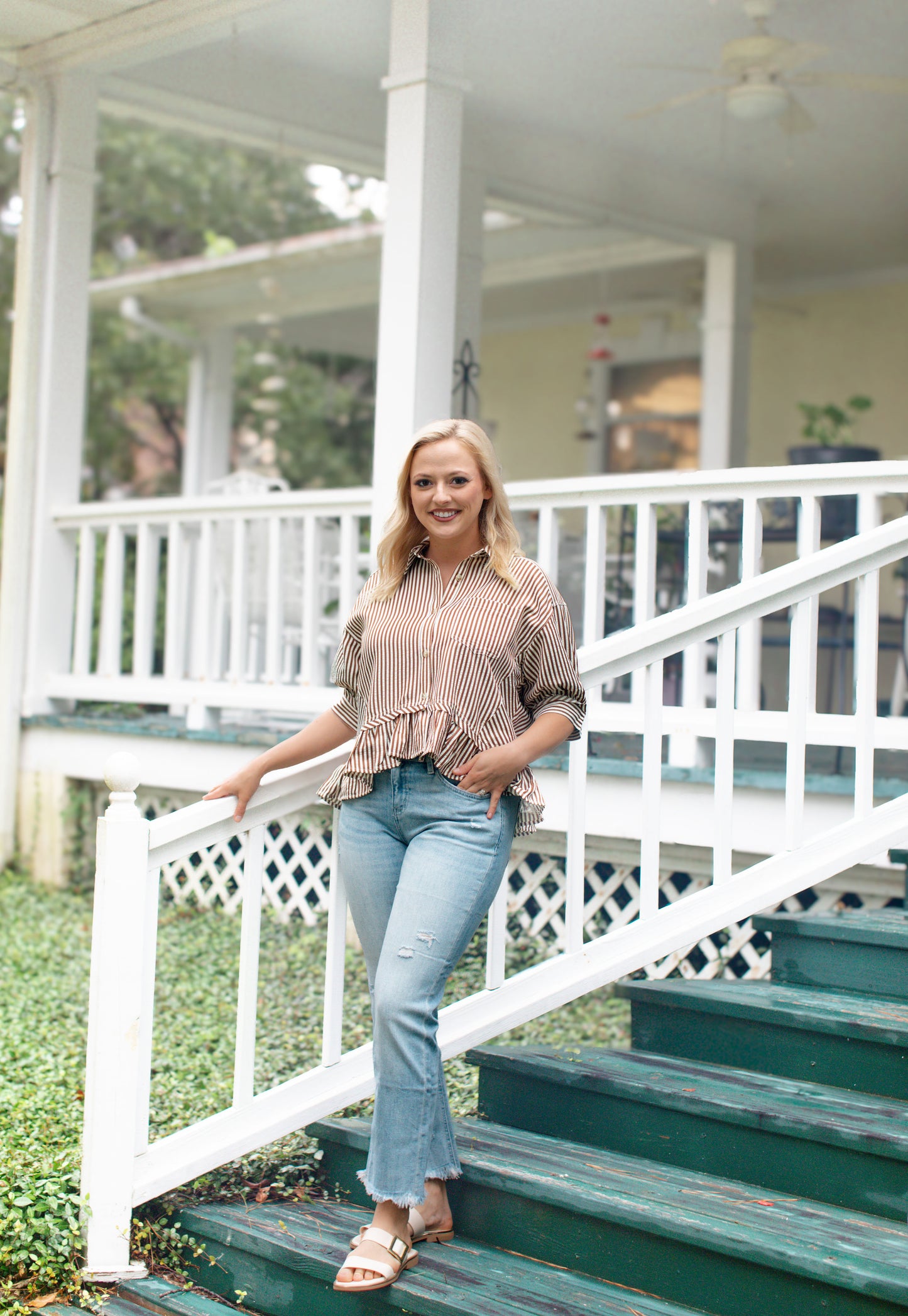 Brown Stripe Collard Ruffle Hem Top