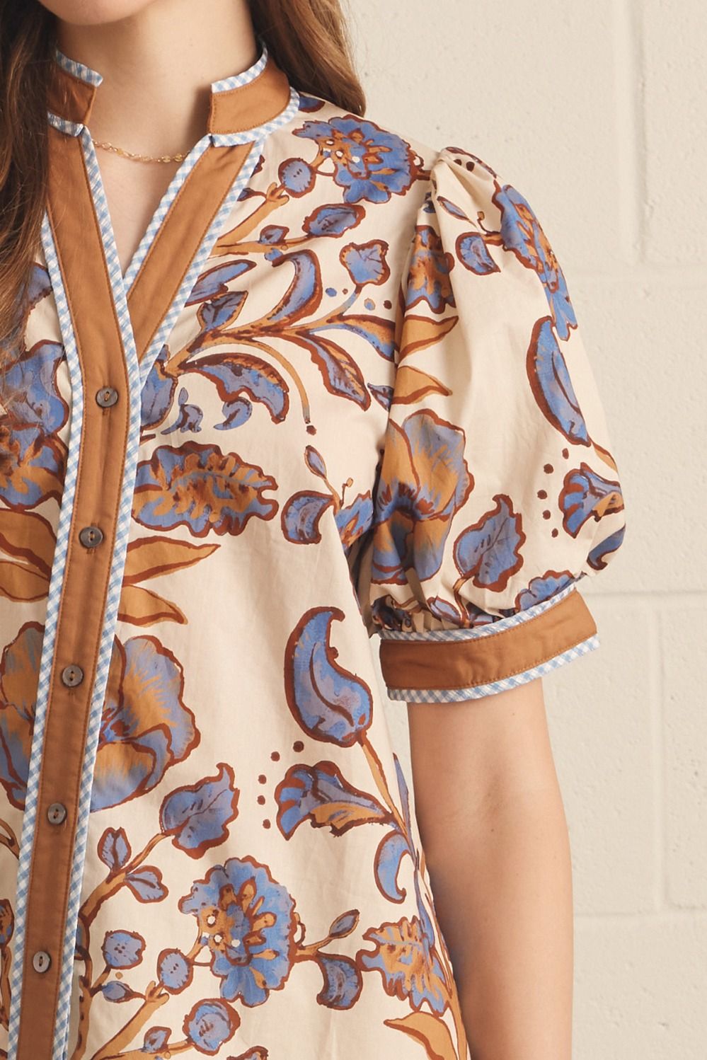 Cream Floral Print Short Puff Sleeve Top