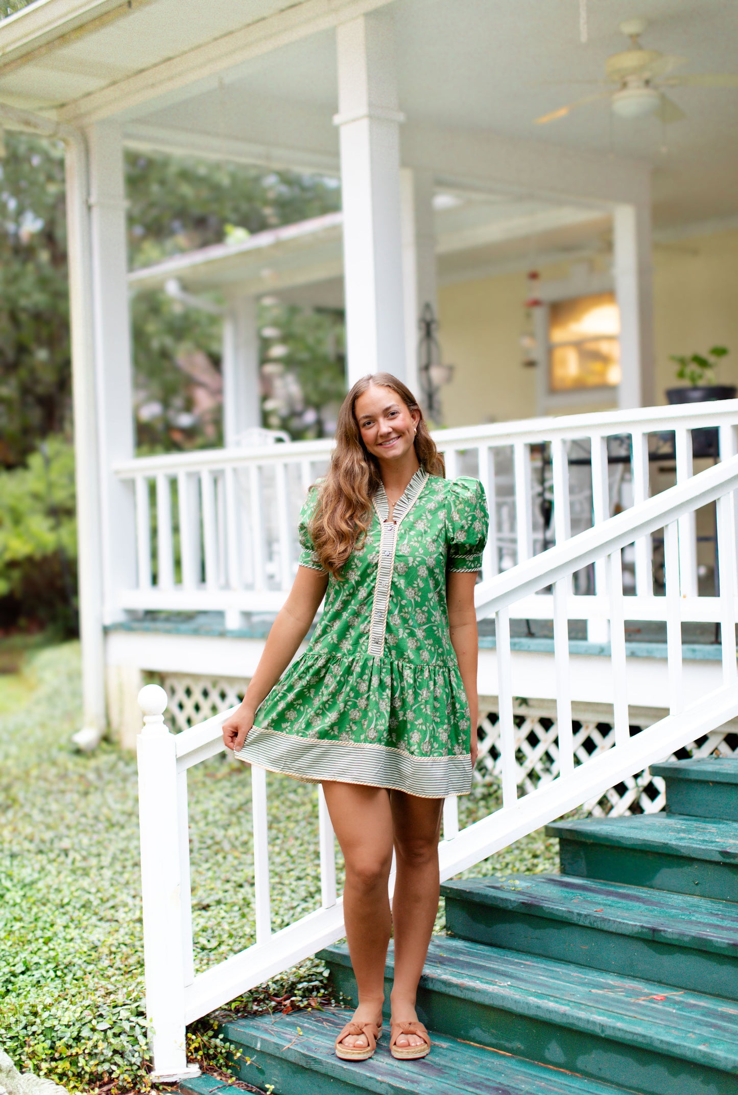 Green Floral V-Neck Ruffle Collard Dress