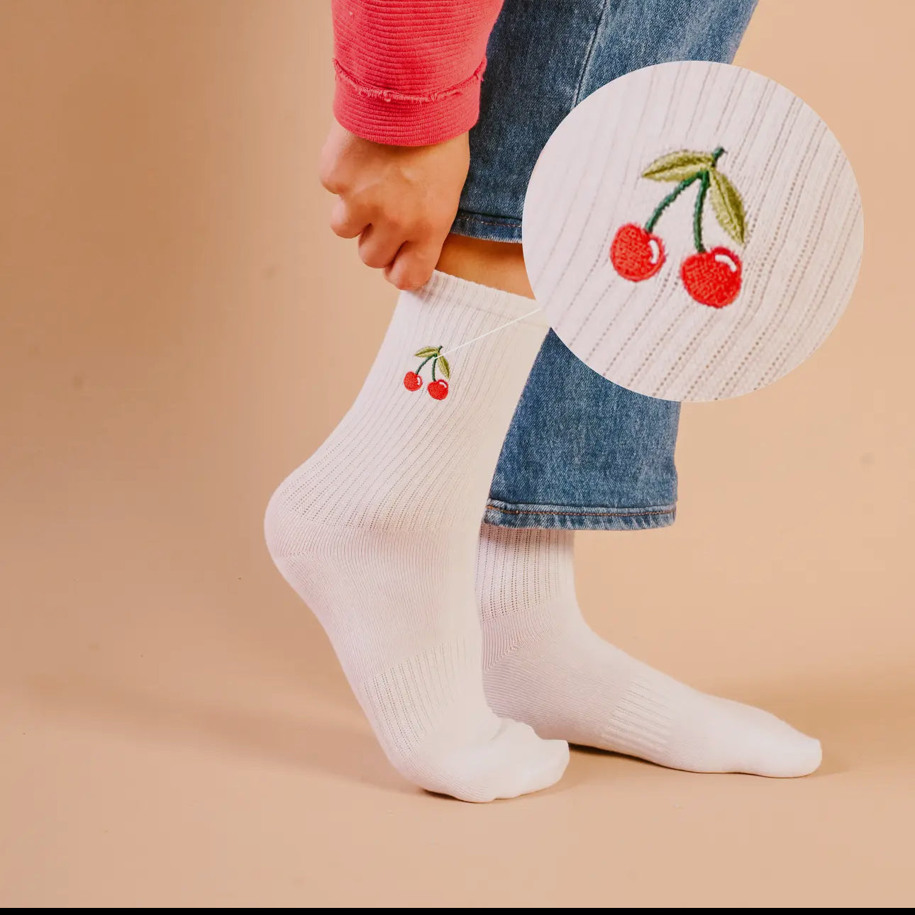 Embroidered Cherries Crew Neck Socks