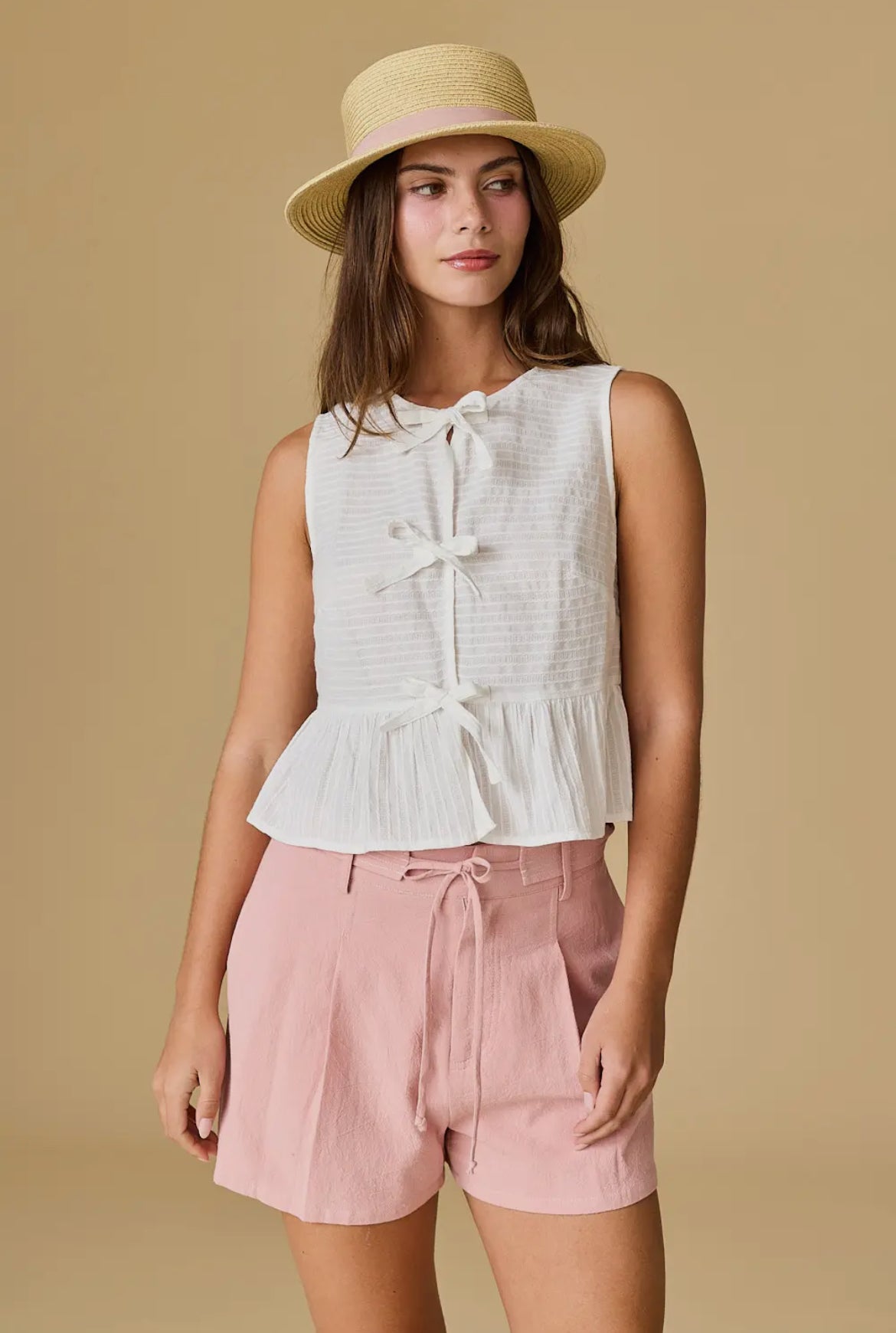 Pink Pleated Linen Shorts