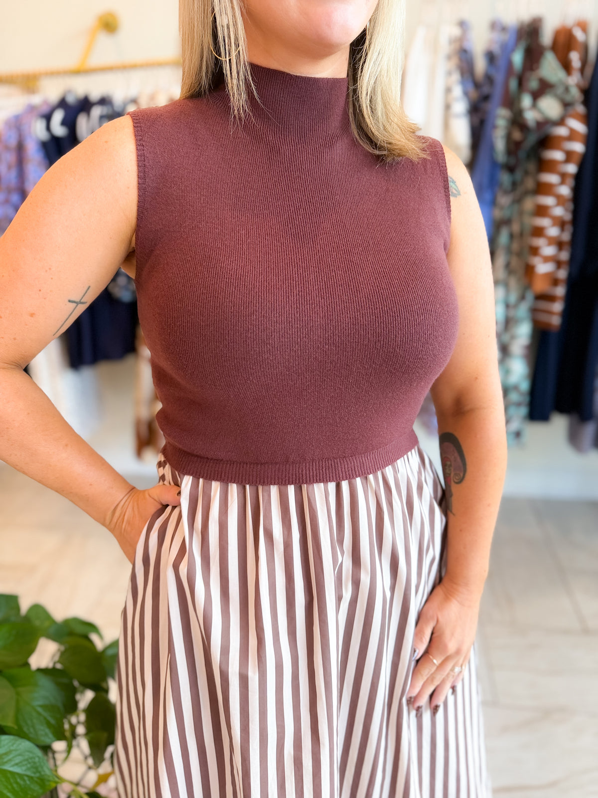 Solid Mock Neck Sleeveless Midi Dress Featuring Striped Skirt