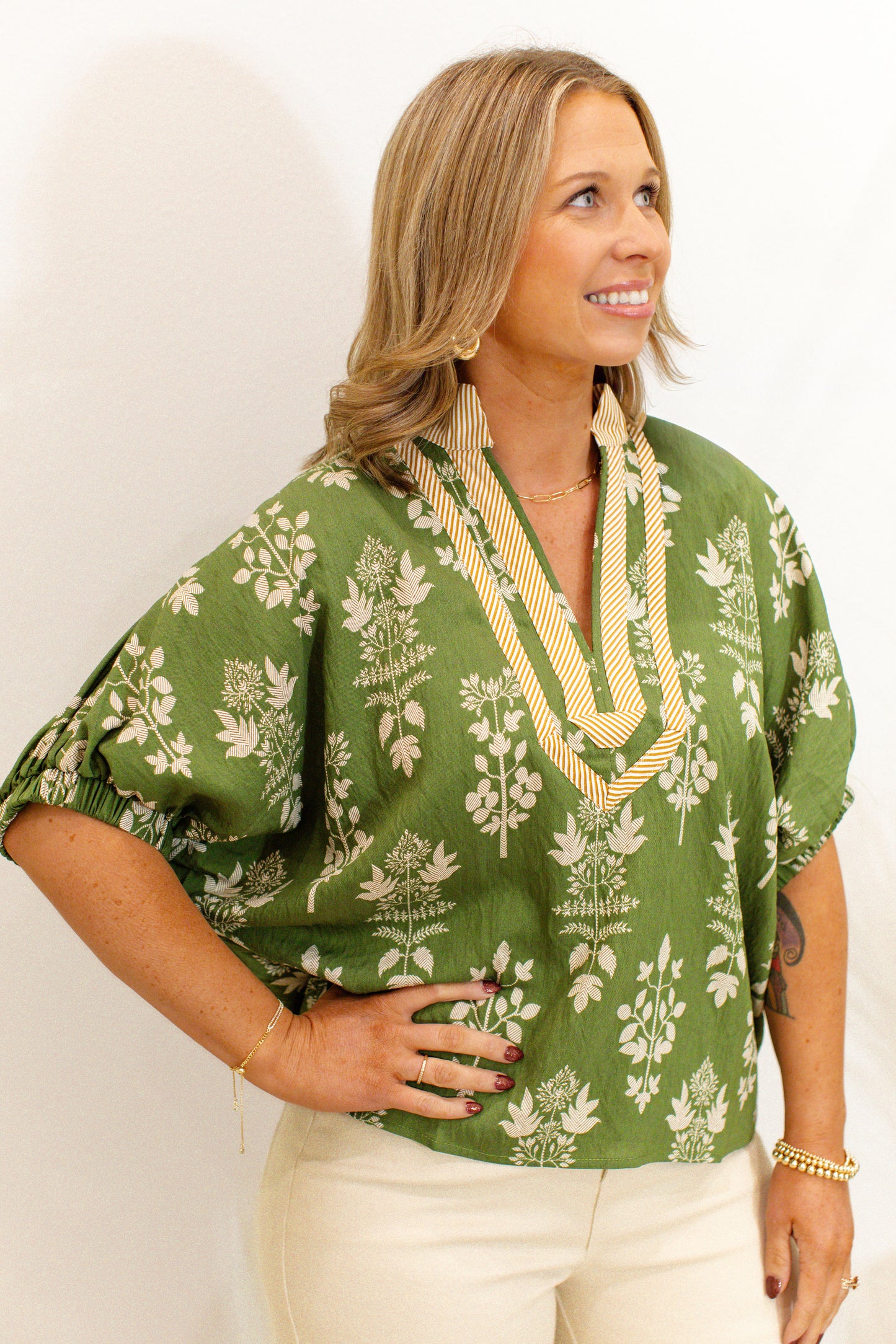 Olive V-Neck Floral Top