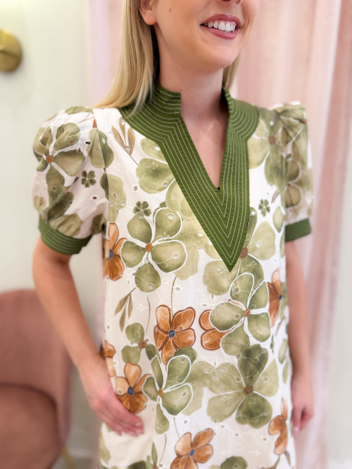 Olive Floral Short Puff Sleeve Mini Dress
