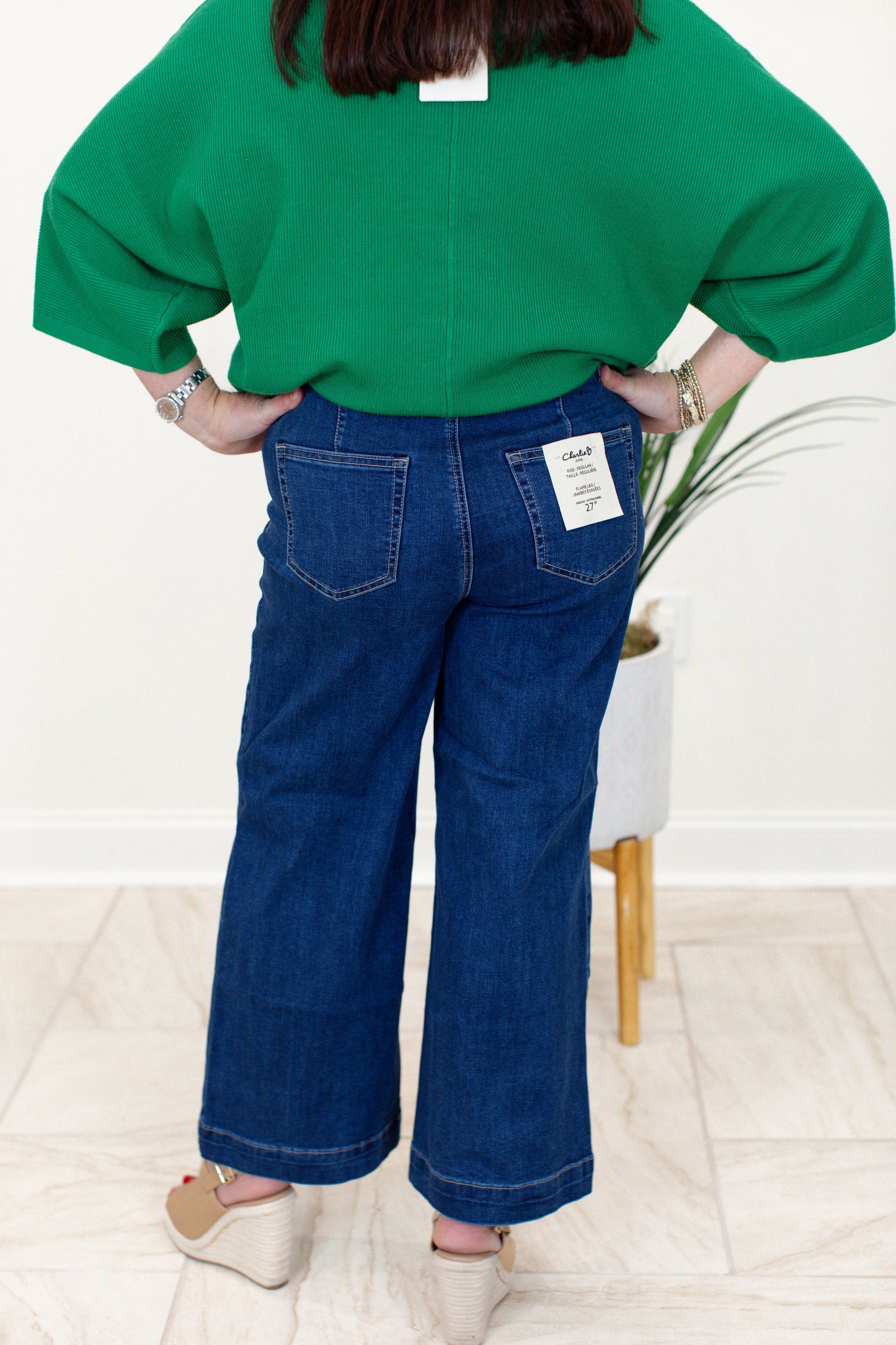 Stretch Denim Cropped Flare Leg Patch Pocket Pant
