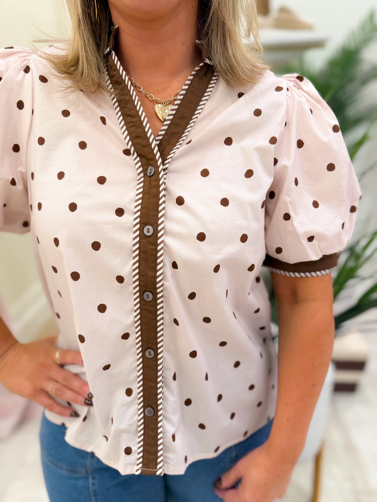 Polka Dot Short Puff Sleeve Top