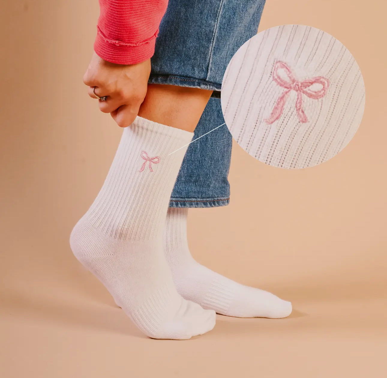Embroidered Pink Bow Crew Socks