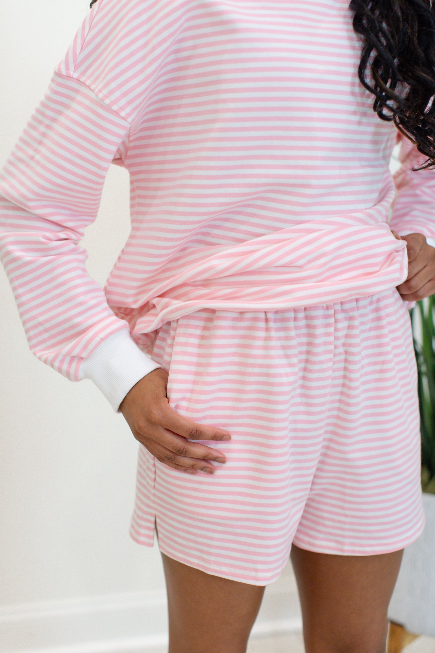 Oversized Light Pink Stripe Mock Neck And Shorts Set