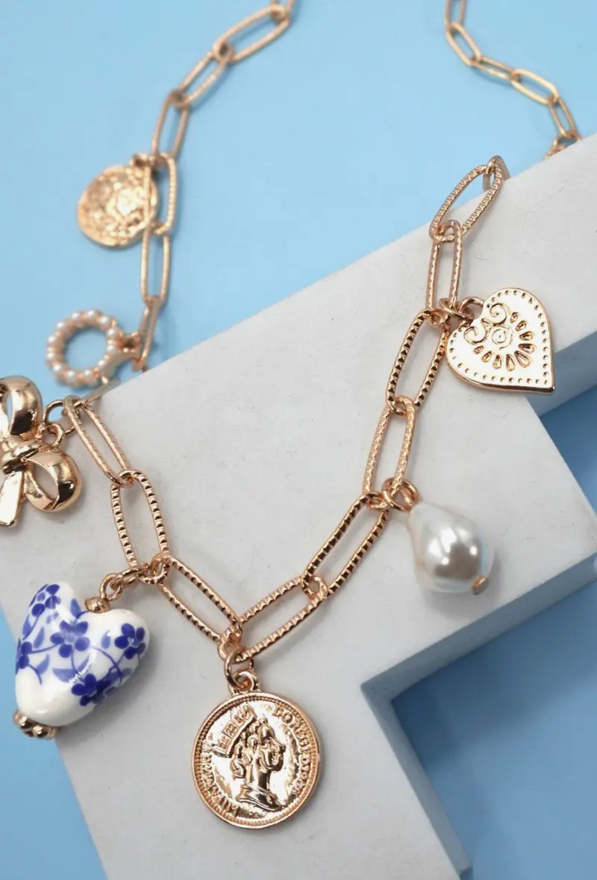Ceramic Porcelain Bow Heart Charm Link Necklace