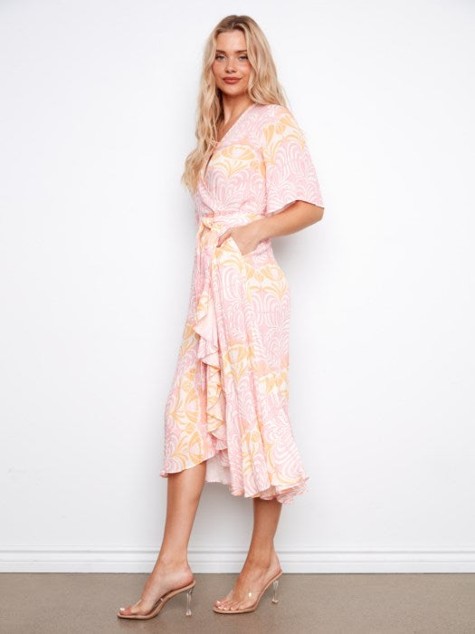 Printed Flutter Elbow Sleeve Fake Wrap Dress With Self Belt