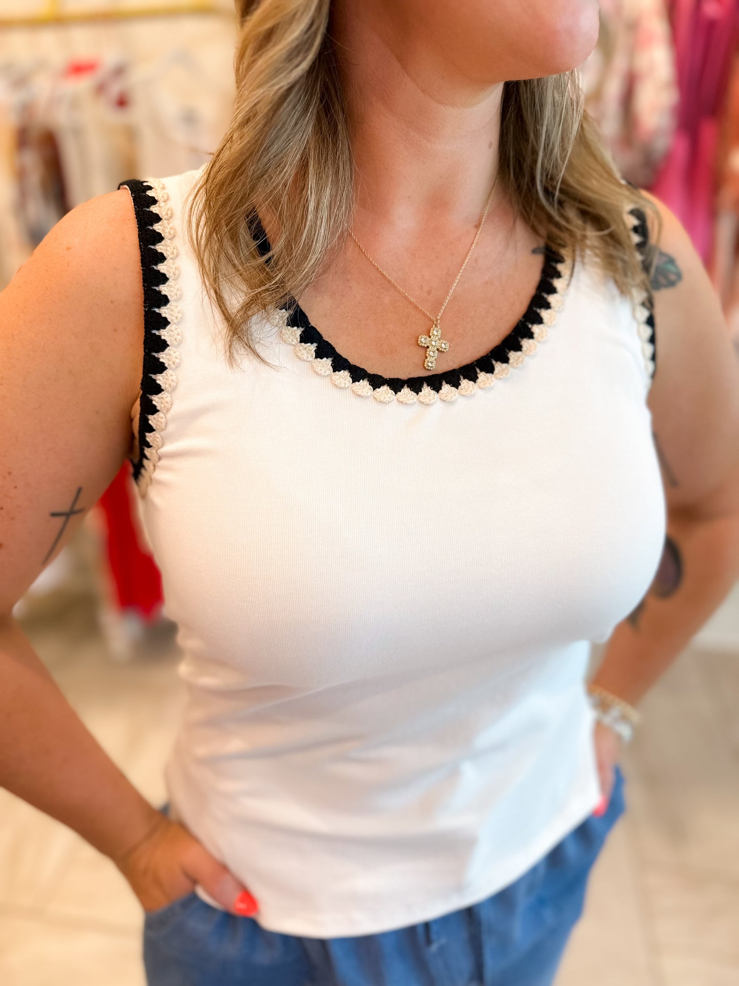 Interlock Knit Tank Top With Crochet Detail