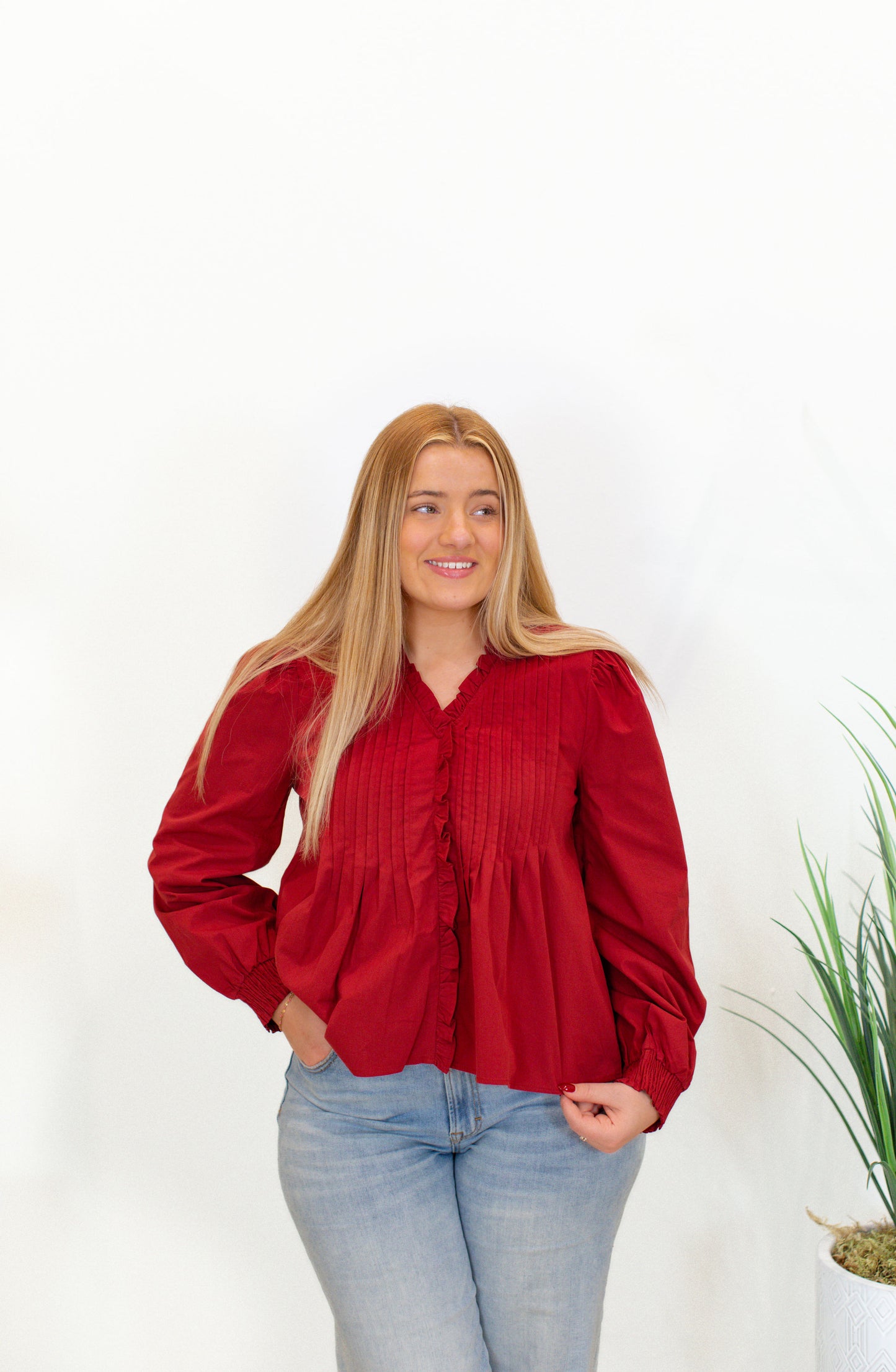 Crimson V-Neck Ruffled Trim Hidden Button Down Blouse