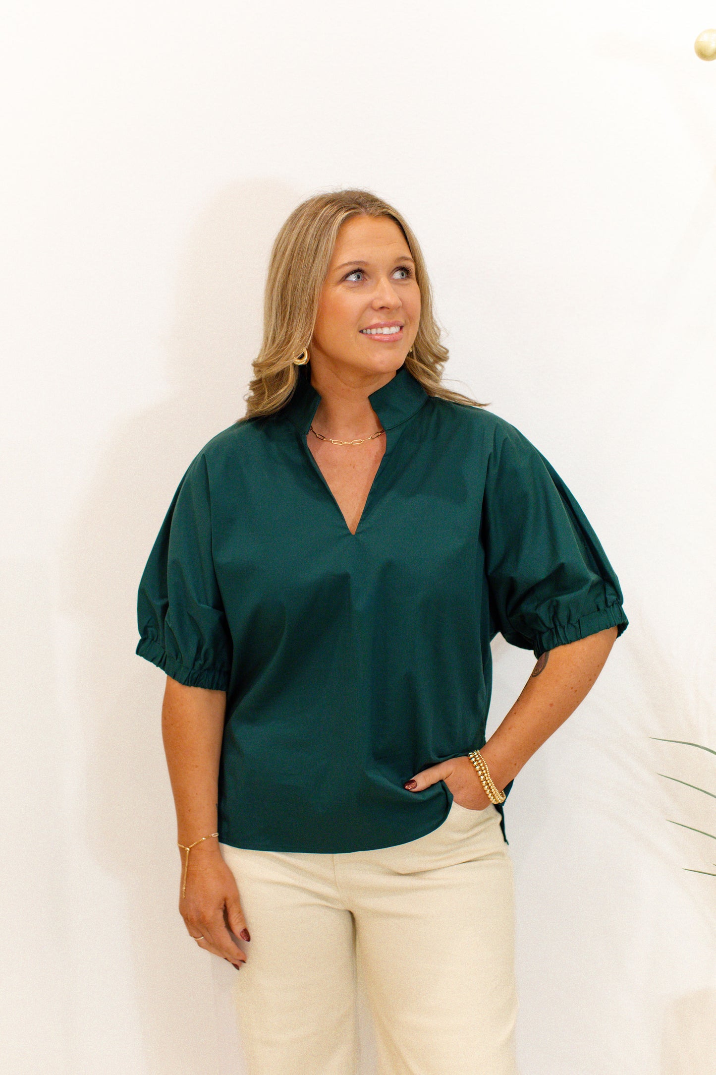 Heather Green Puff Sleeve Top With Standing Collar